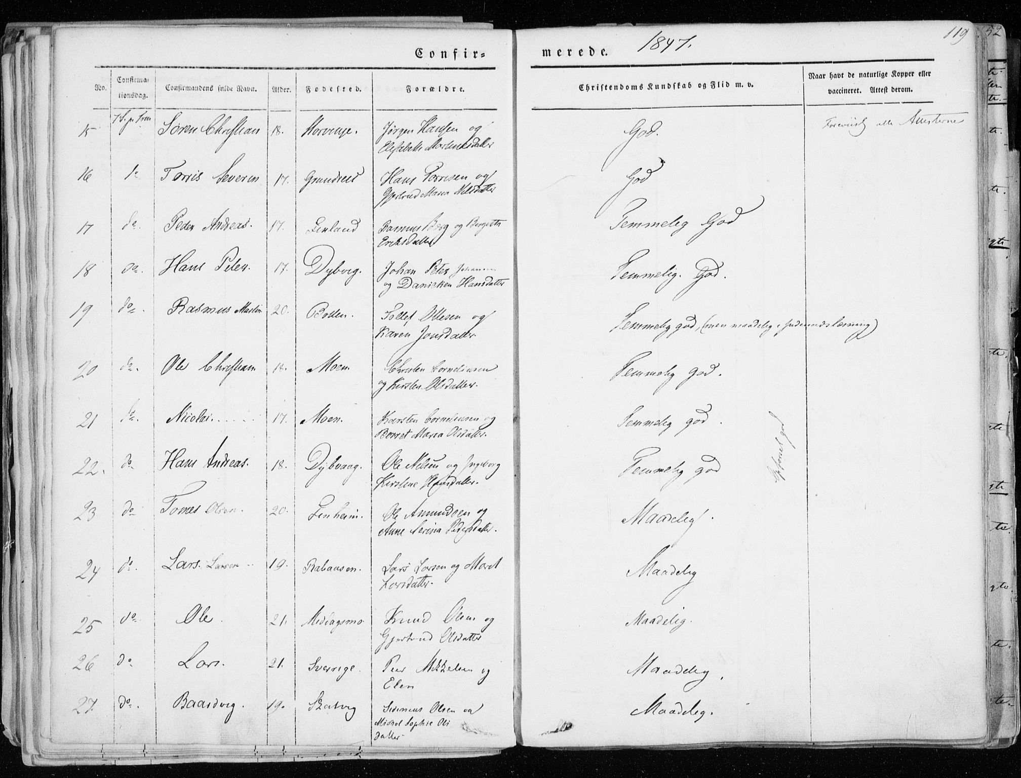 Tranøy sokneprestkontor, AV/SATØ-S-1313/I/Ia/Iaa/L0006kirke: Parish register (official) no. 6, 1844-1855, p. 119