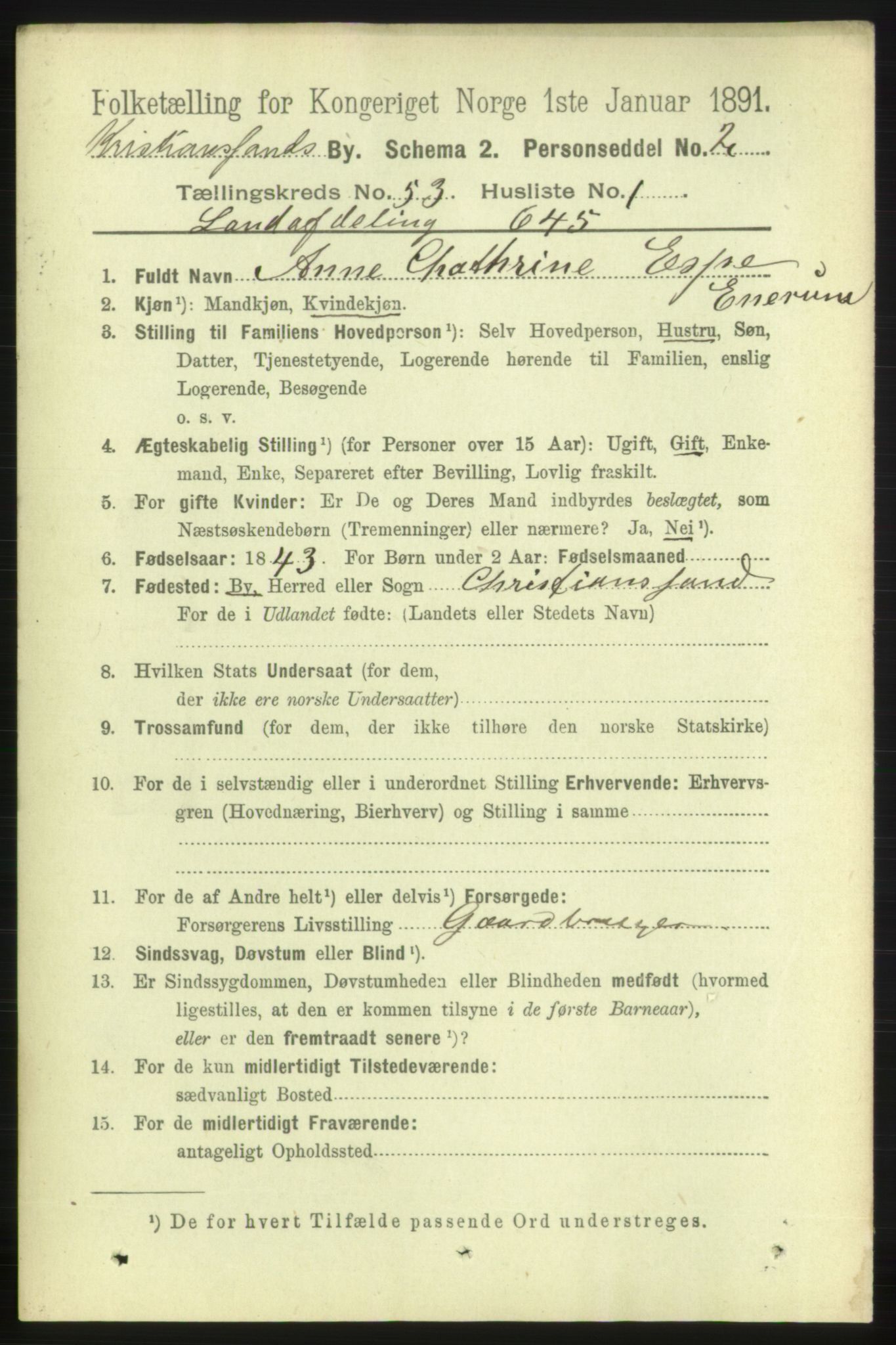 RA, 1891 census for 1001 Kristiansand, 1891, p. 15253