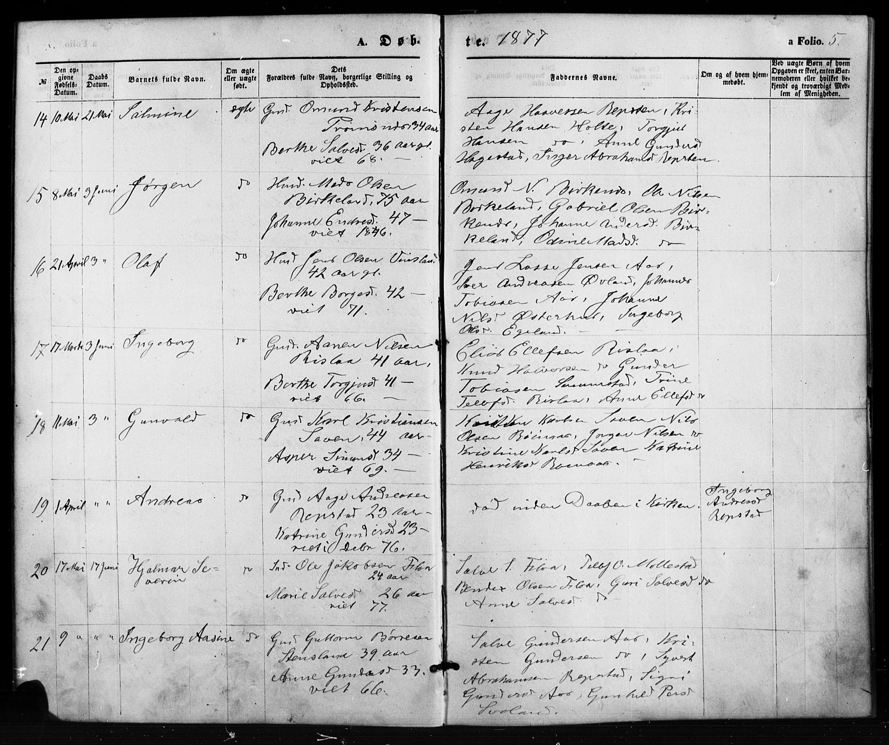 Birkenes sokneprestkontor, AV/SAK-1111-0004/F/Fb/L0003: Parish register (copy) no. B 3, 1876-1892, p. 5