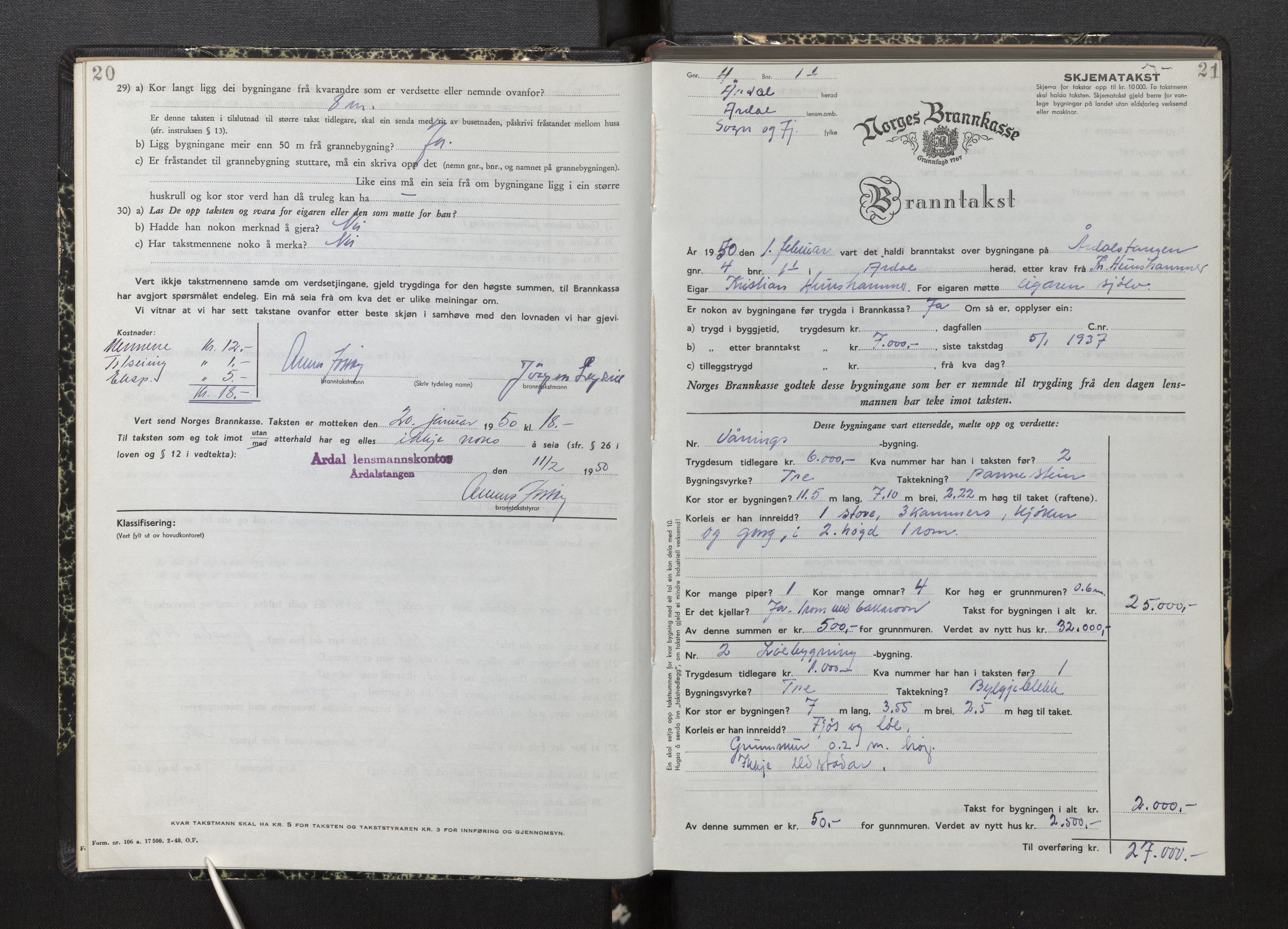 Lensmannen i Årdal, AV/SAB-A-30501/0012/L0012: Branntakstprotokoll, skjematakst, 1949-1955, p. 20-21