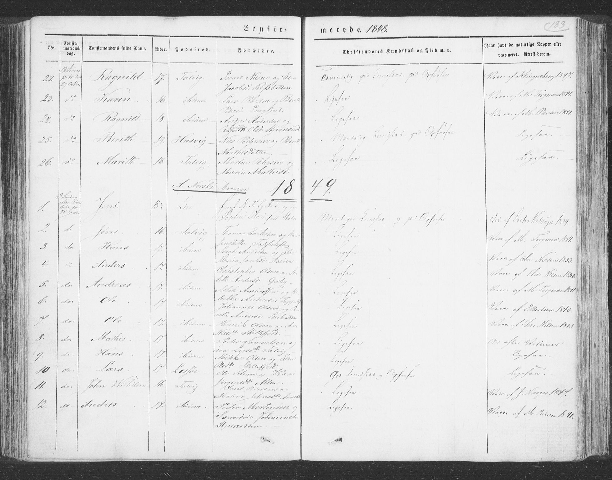 Talvik sokneprestkontor, SATØ/S-1337/H/Ha/L0009kirke: Parish register (official) no. 9, 1837-1852, p. 183