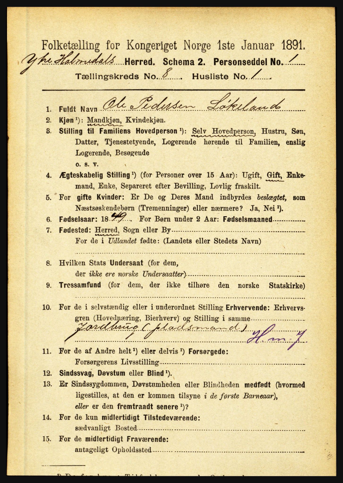 RA, 1891 census for 1429 Ytre Holmedal, 1891, p. 1762