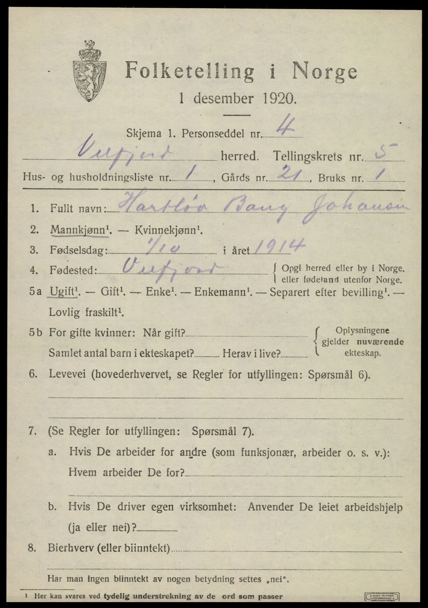 SAT, 1920 census for Velfjord, 1920, p. 3091