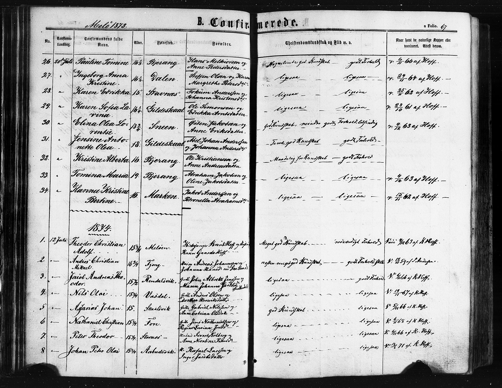Ministerialprotokoller, klokkerbøker og fødselsregistre - Nordland, SAT/A-1459/841/L0607: Parish register (official) no. 841A11 /2, 1863-1877, p. 67