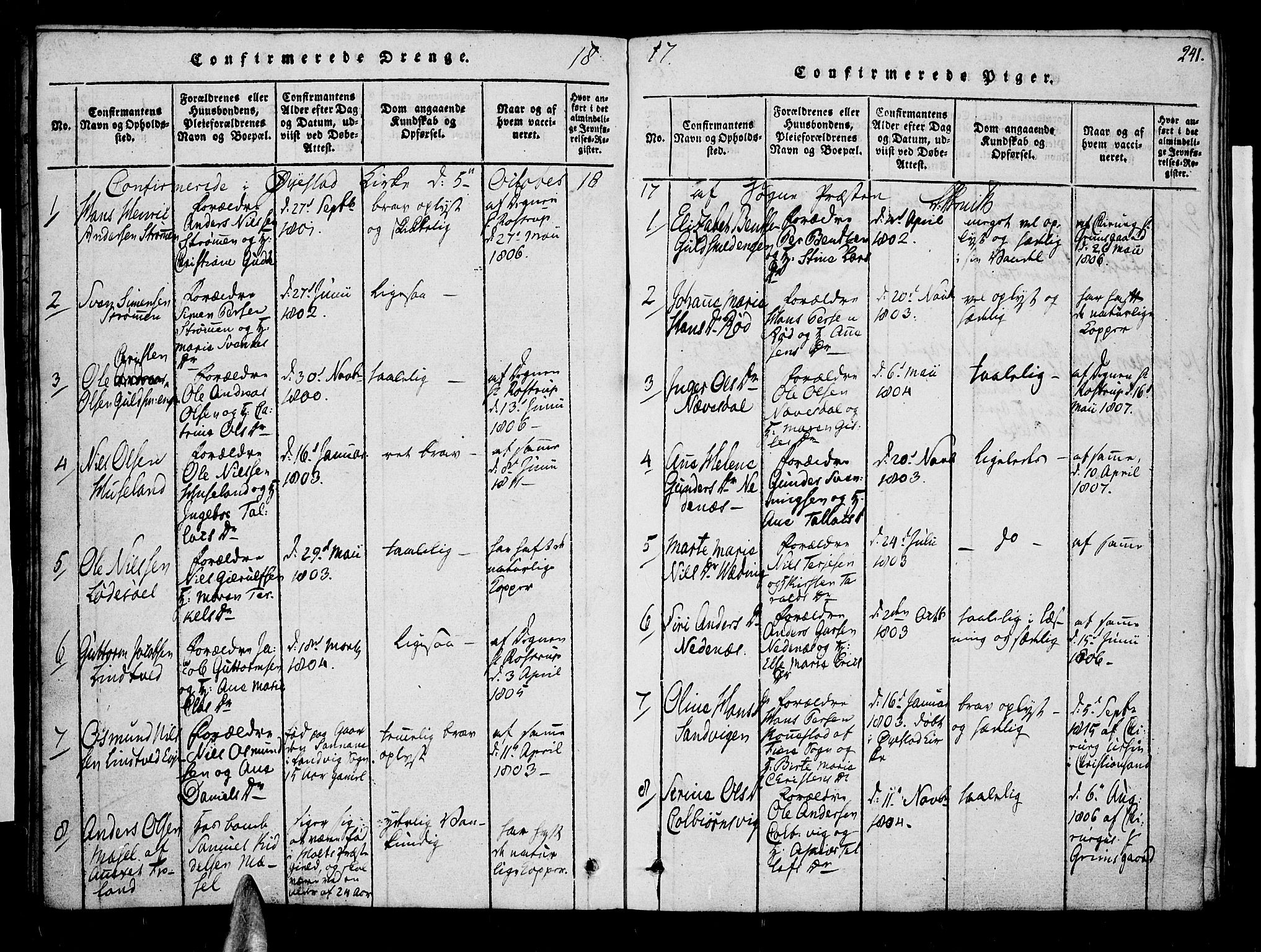 Øyestad sokneprestkontor, AV/SAK-1111-0049/F/Fa/L0012: Parish register (official) no. A 12, 1816-1827, p. 241