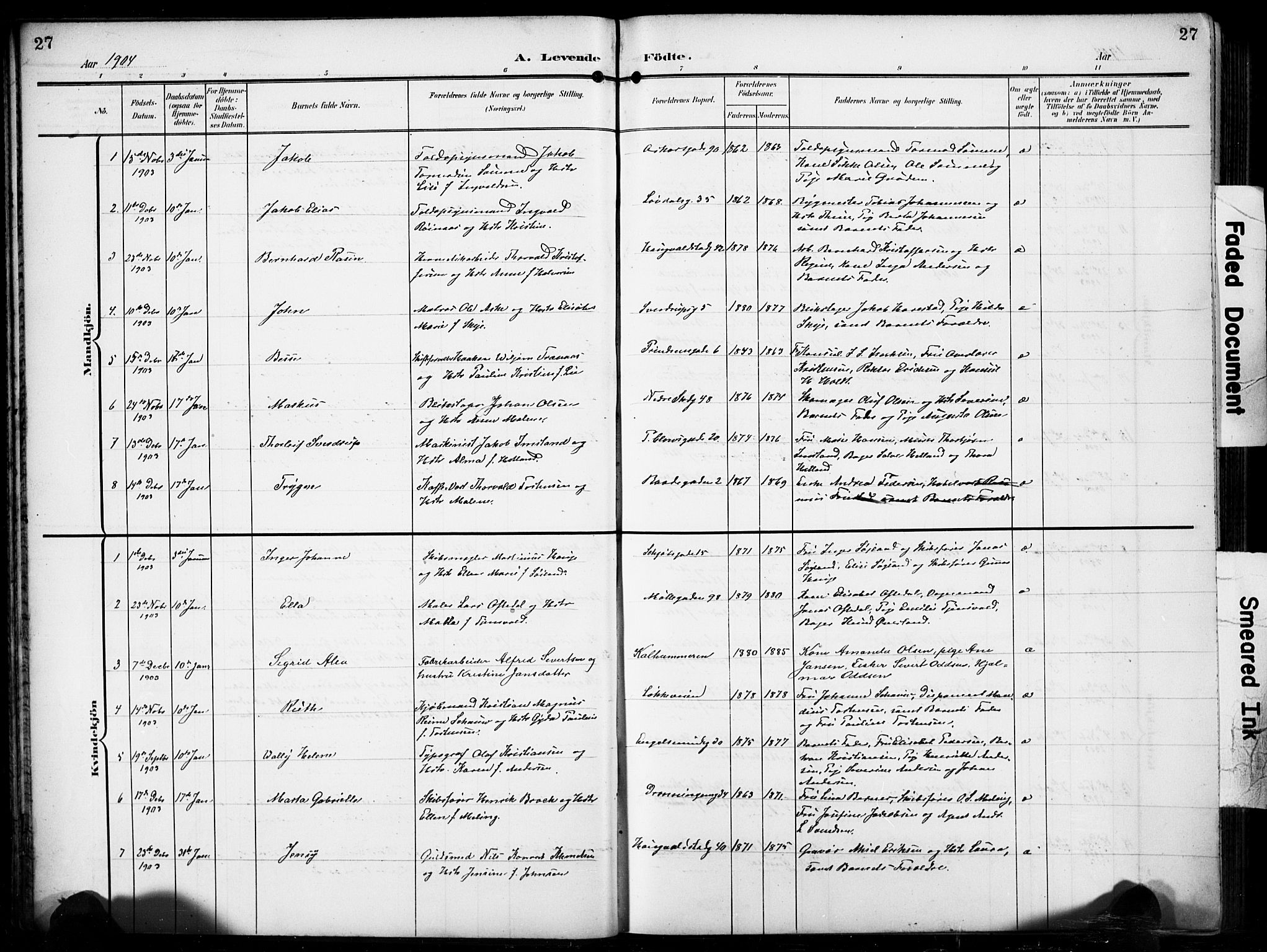 Domkirken sokneprestkontor, AV/SAST-A-101812/001/30/30BB/L0018: Parish register (copy) no. B 18, 1903-1915, p. 27