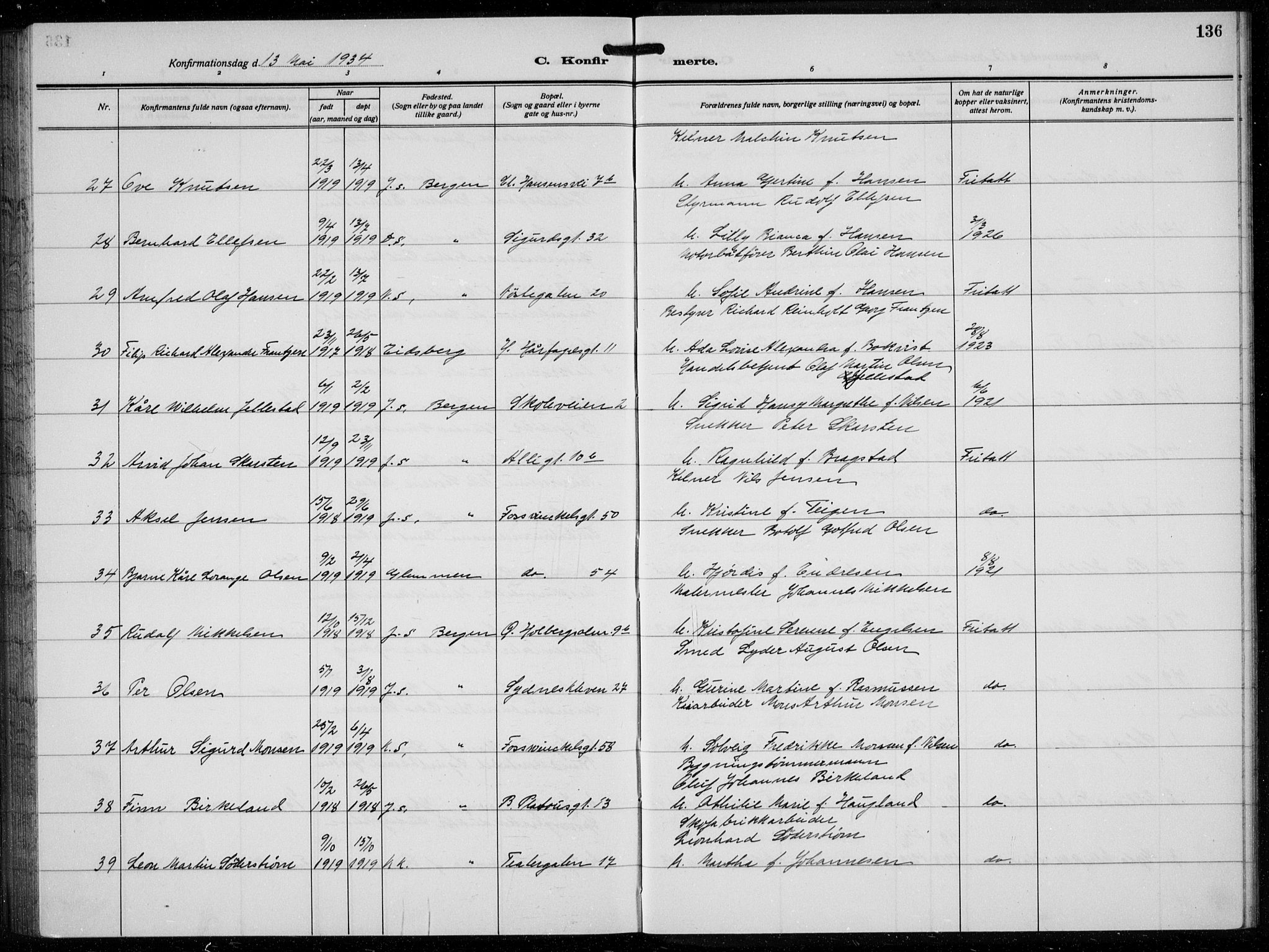 Johanneskirken sokneprestembete, AV/SAB-A-76001/H/Hab: Parish register (copy) no. B  3, 1925-1935, p. 135b-136a