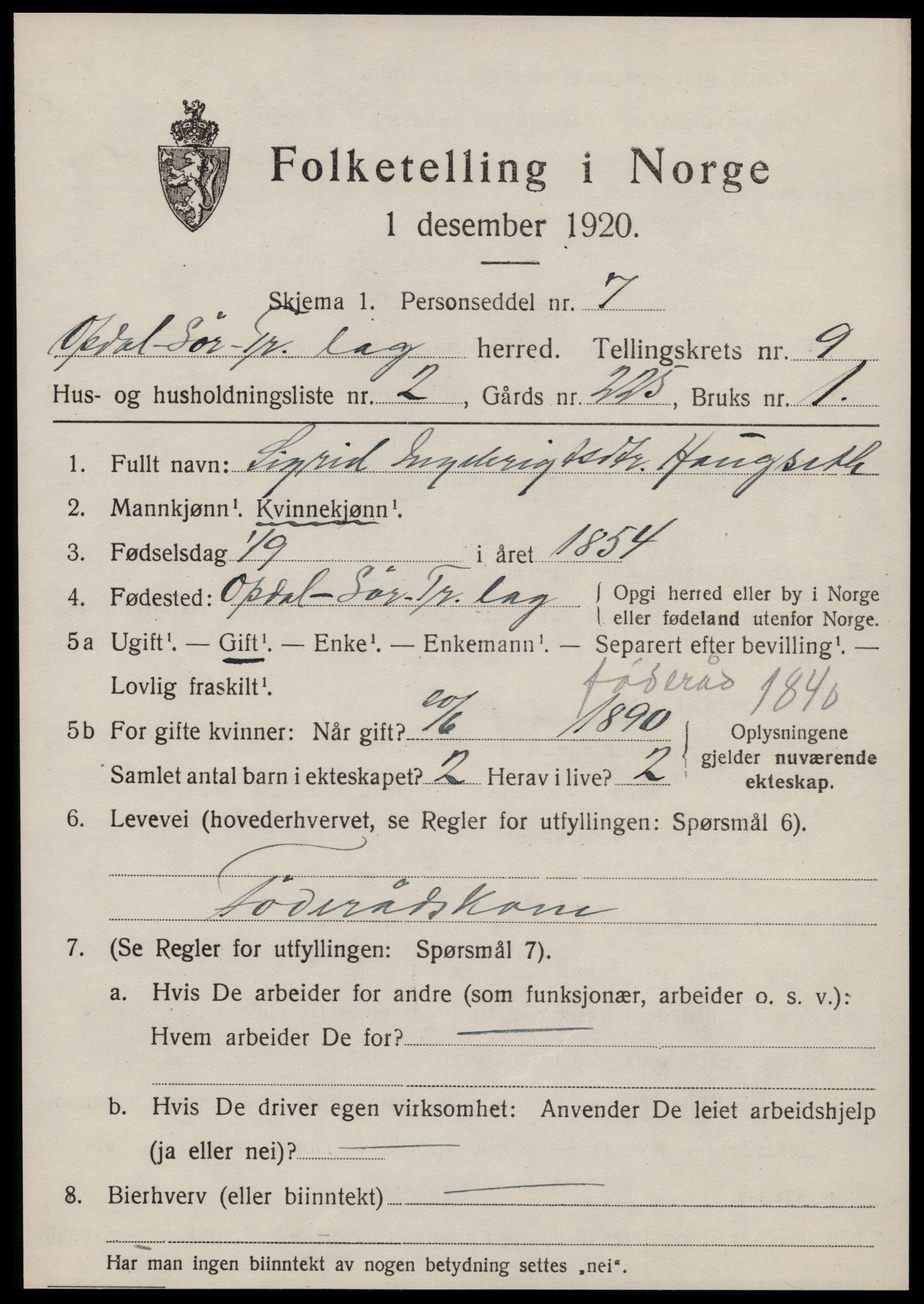 SAT, 1920 census for Oppdal, 1920, p. 7147