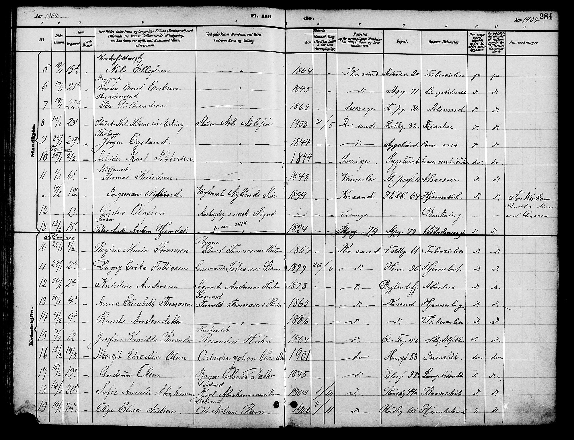 Kristiansand domprosti, SAK/1112-0006/F/Fb/L0017: Parish register (copy) no. B 17, 1893-1906, p. 284