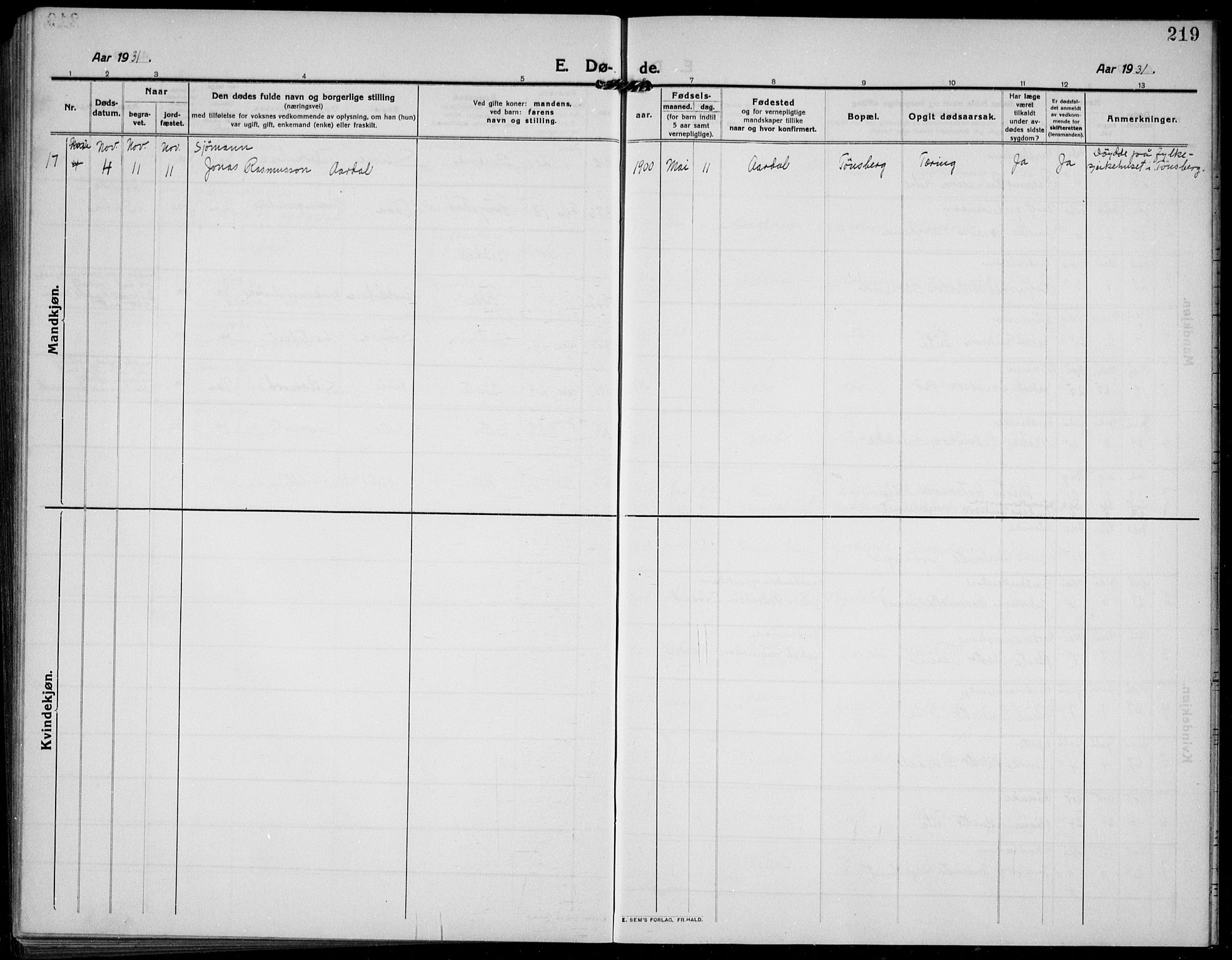 Gloppen sokneprestembete, SAB/A-80101/H/Hab/Habc/L0003: Parish register (copy) no. C 3, 1911-1938, p. 219