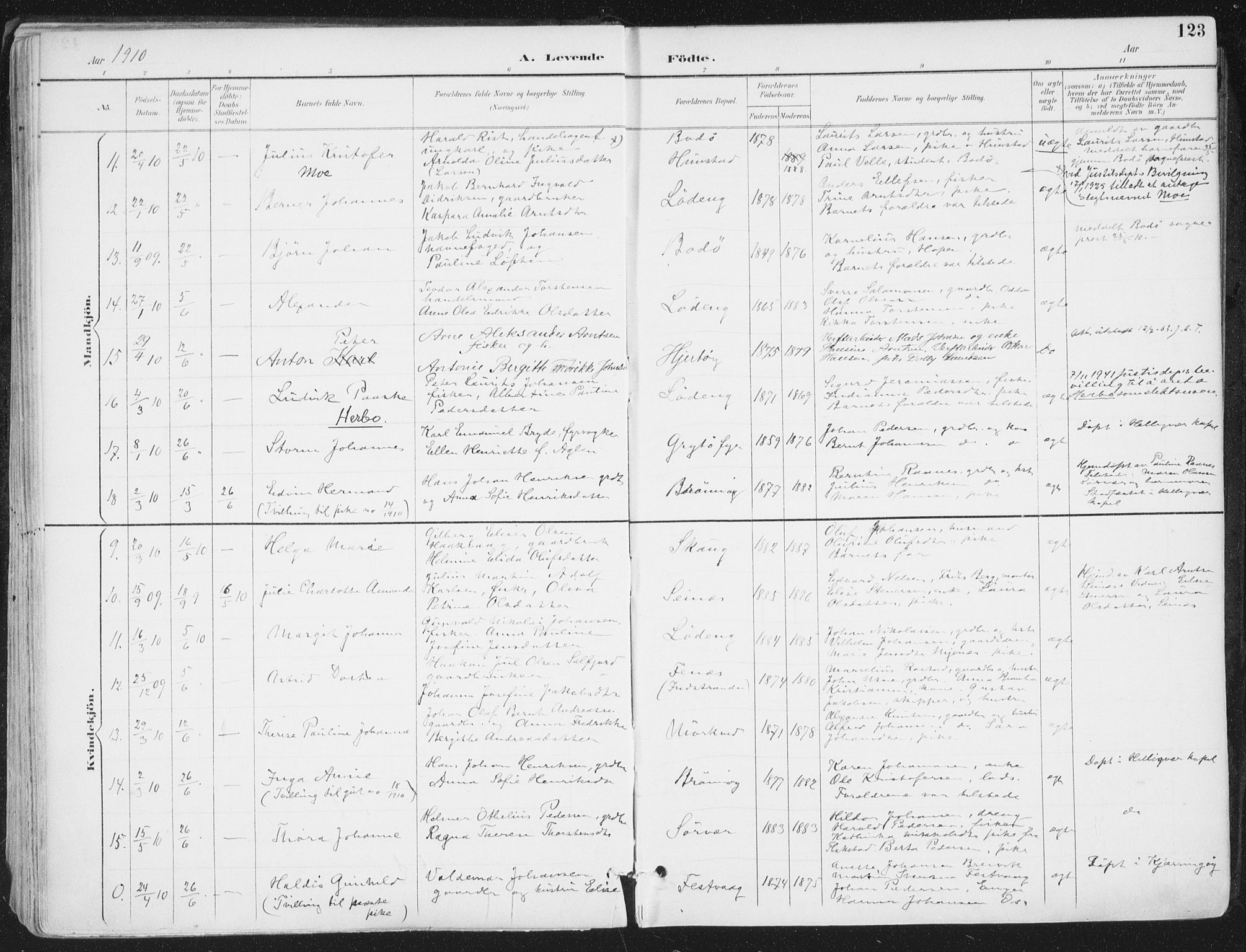 Ministerialprotokoller, klokkerbøker og fødselsregistre - Nordland, AV/SAT-A-1459/802/L0055: Parish register (official) no. 802A02, 1894-1915, p. 123