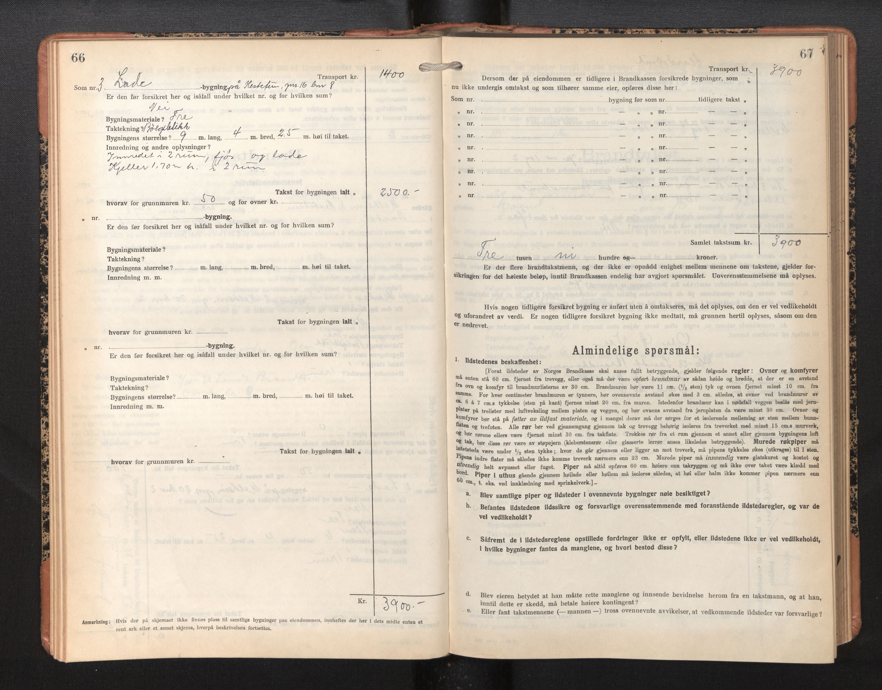 Lensmannen i Årdal, AV/SAB-A-30501/0012/L0010: Branntakstprotokoll, skjematakst, 1926-1939, p. 66-67