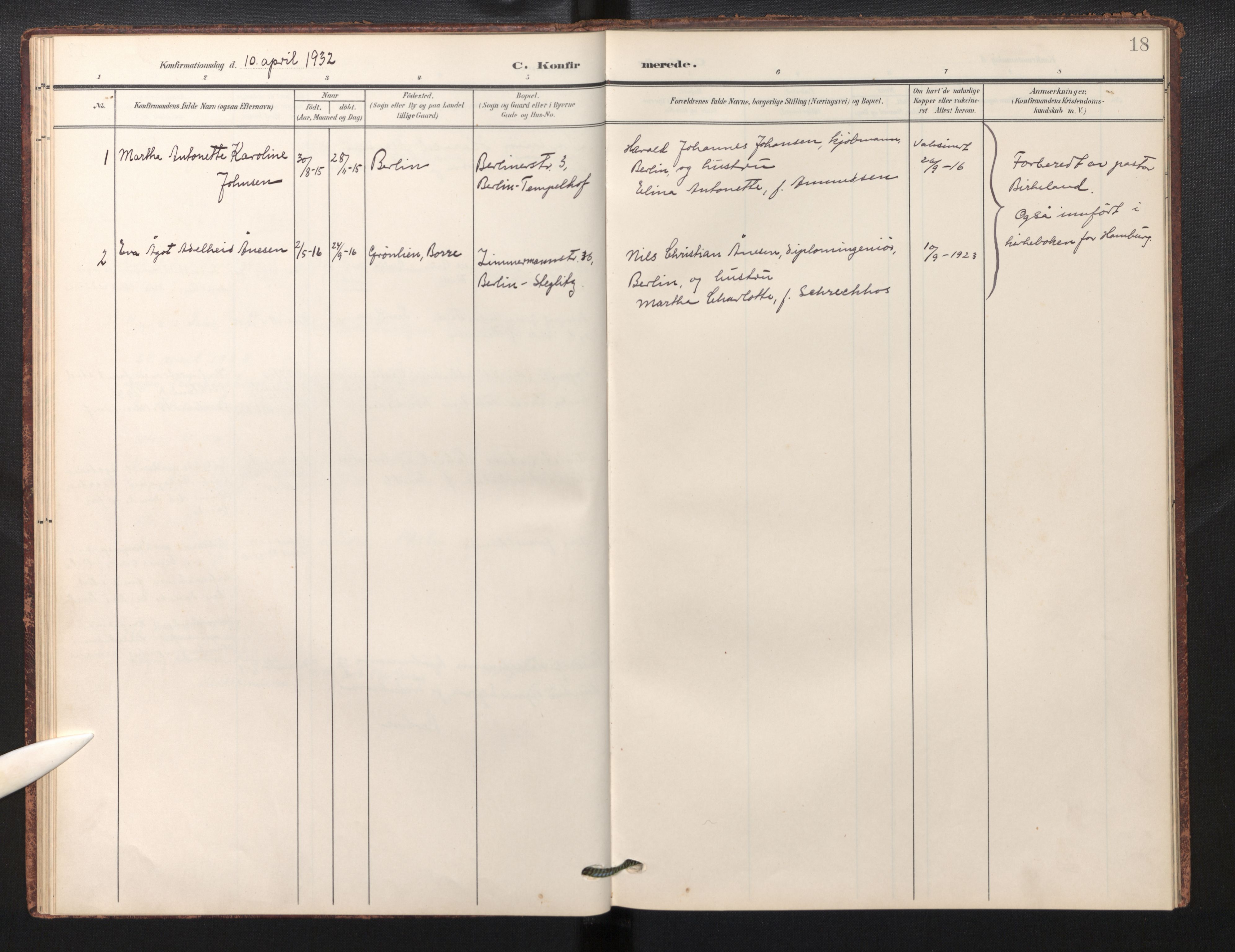 Den norske sjømannsmisjon i utlandet / Berlin, AV/SAB-SAB/PA-0360/H/Ha/L0001: Parish register (official) no. A 1, 1905-1955, p. 17b-18a