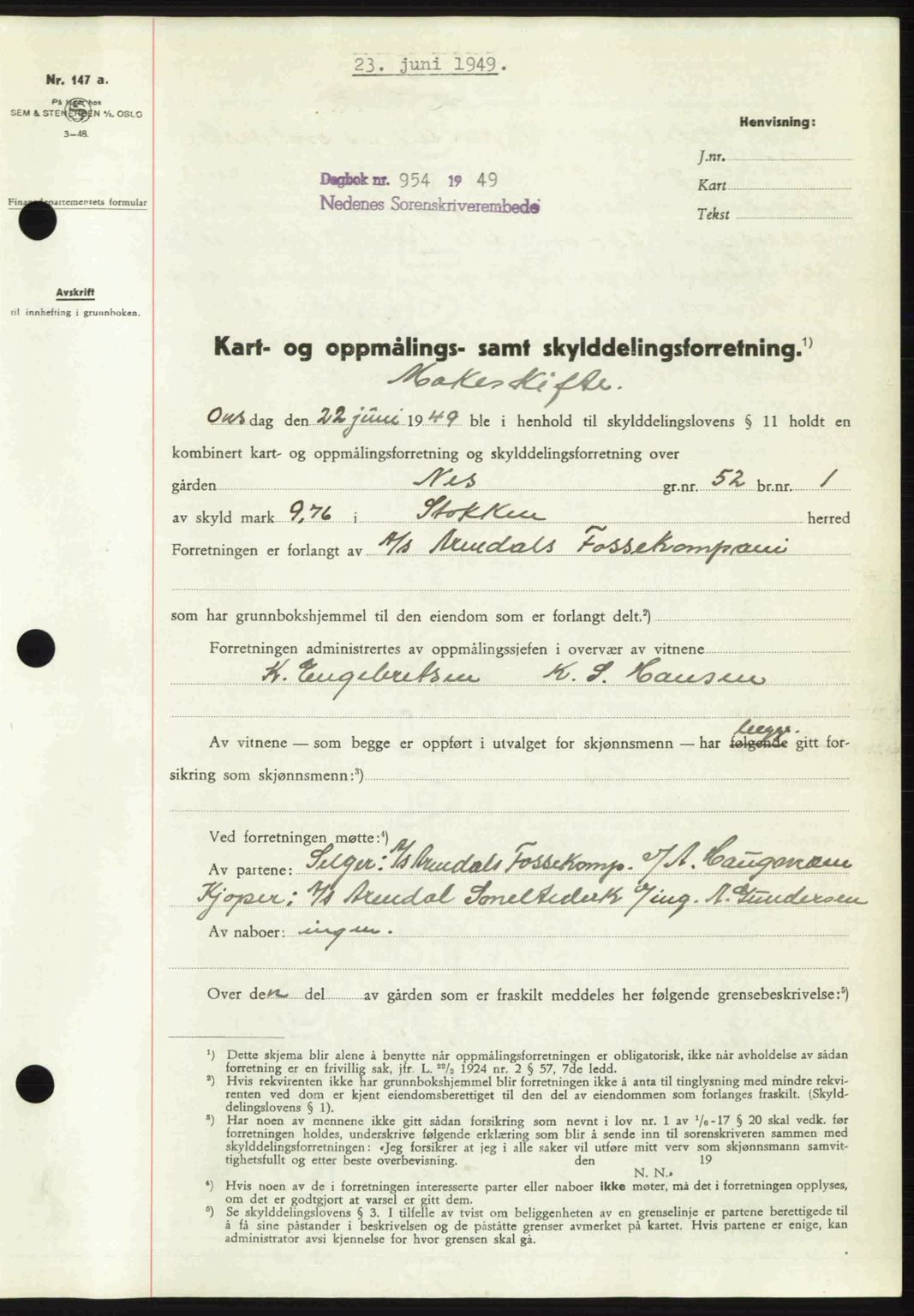 Nedenes sorenskriveri, SAK/1221-0006/G/Gb/Gba/L0060: Mortgage book no. A12, 1948-1949, Diary no: : 954/1949