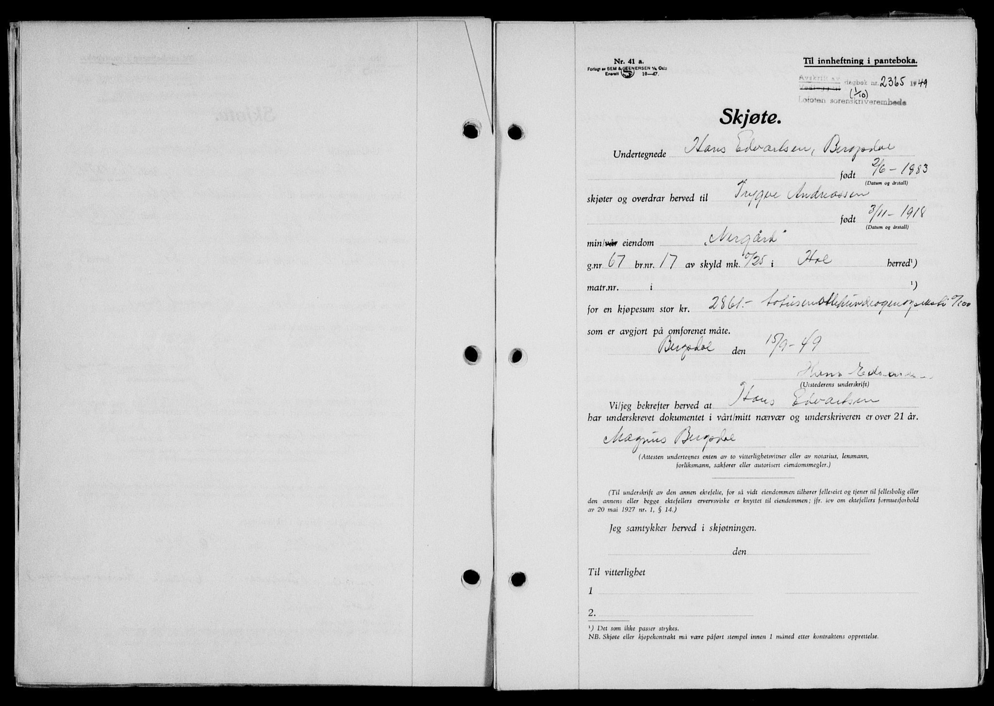 Lofoten sorenskriveri, SAT/A-0017/1/2/2C/L0022a: Mortgage book no. 22a, 1949-1950, Diary no: : 2365/1949