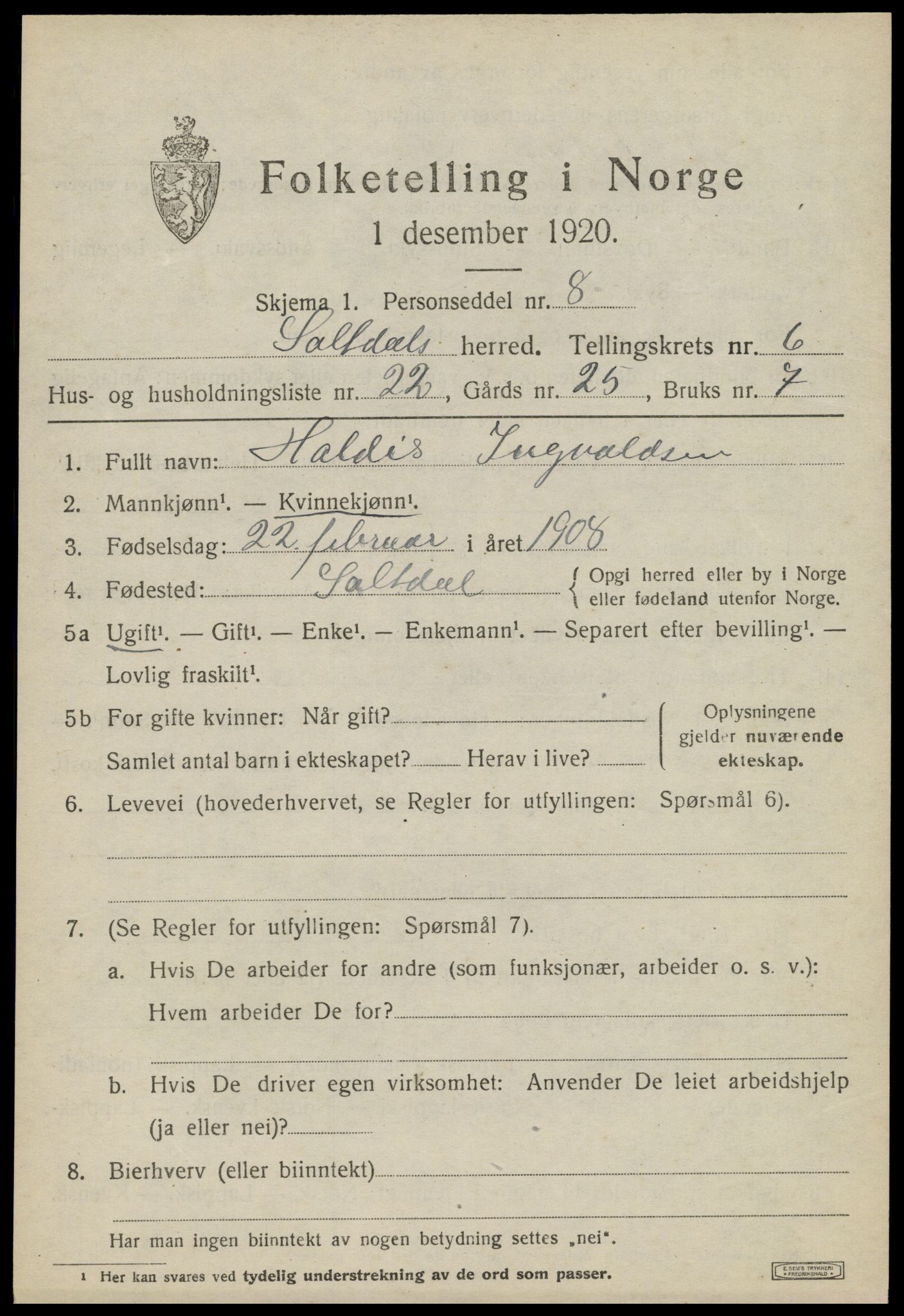 SAT, 1920 census for Saltdal, 1920, p. 7623