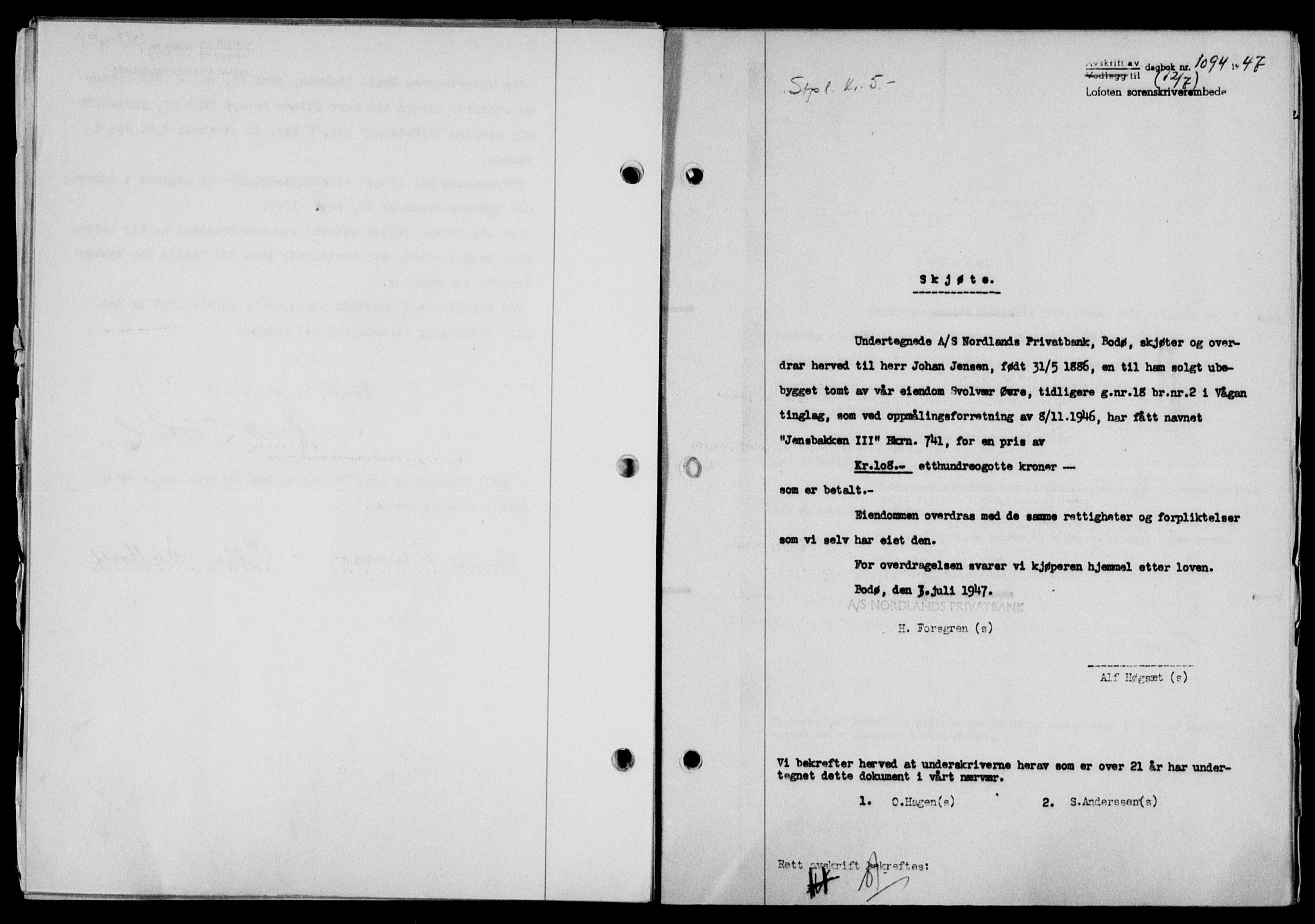 Lofoten sorenskriveri, SAT/A-0017/1/2/2C/L0016a: Mortgage book no. 16a, 1947-1947, Diary no: : 1094/1947