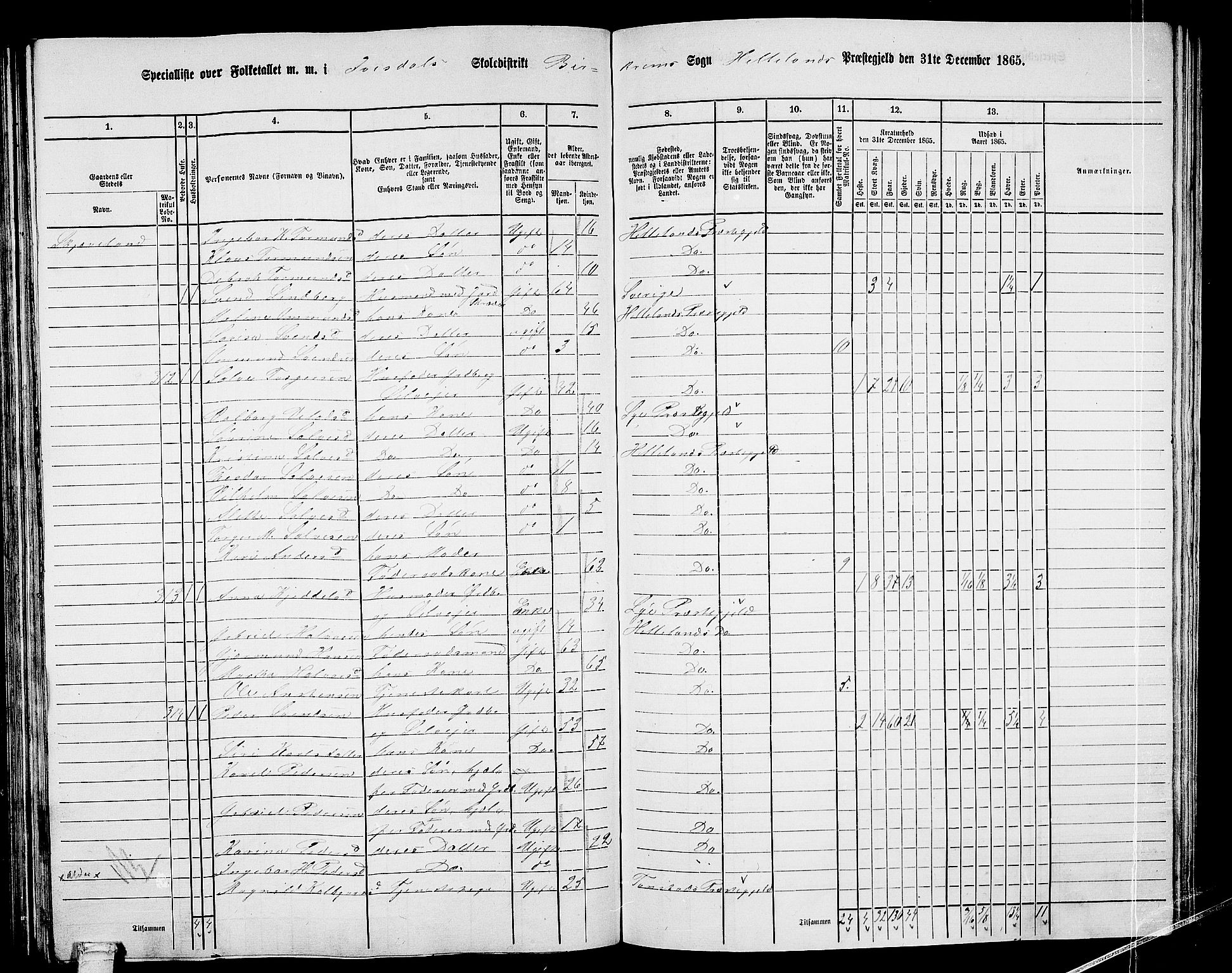 RA, 1865 census for Helleland, 1865, p. 101