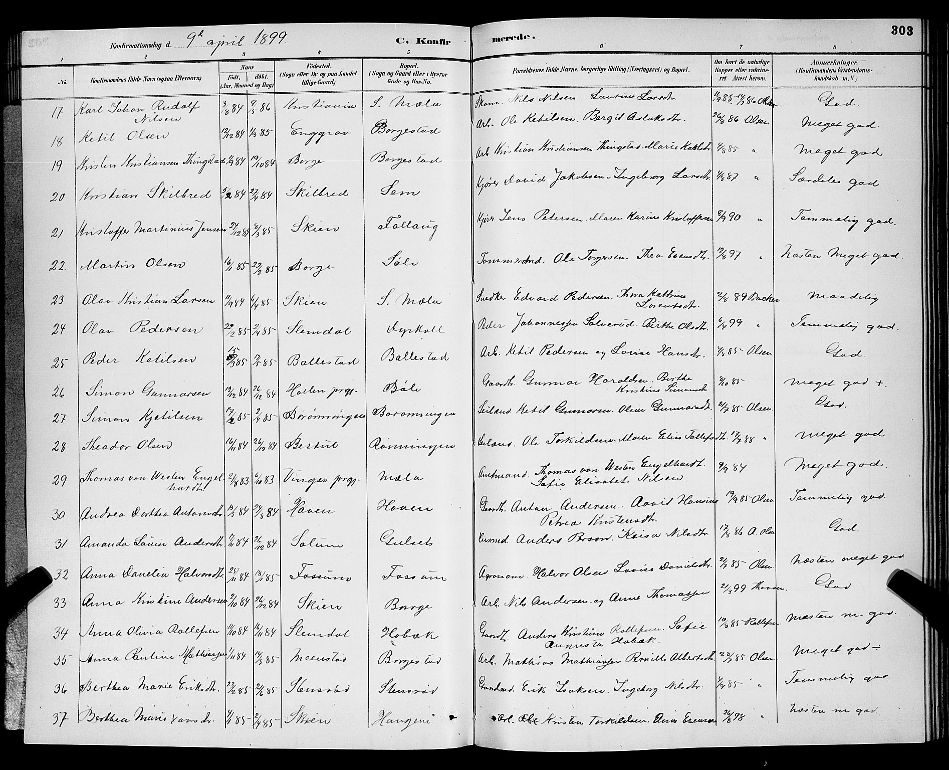 Gjerpen kirkebøker, SAKO/A-265/G/Ga/L0002: Parish register (copy) no. I 2, 1883-1900, p. 303