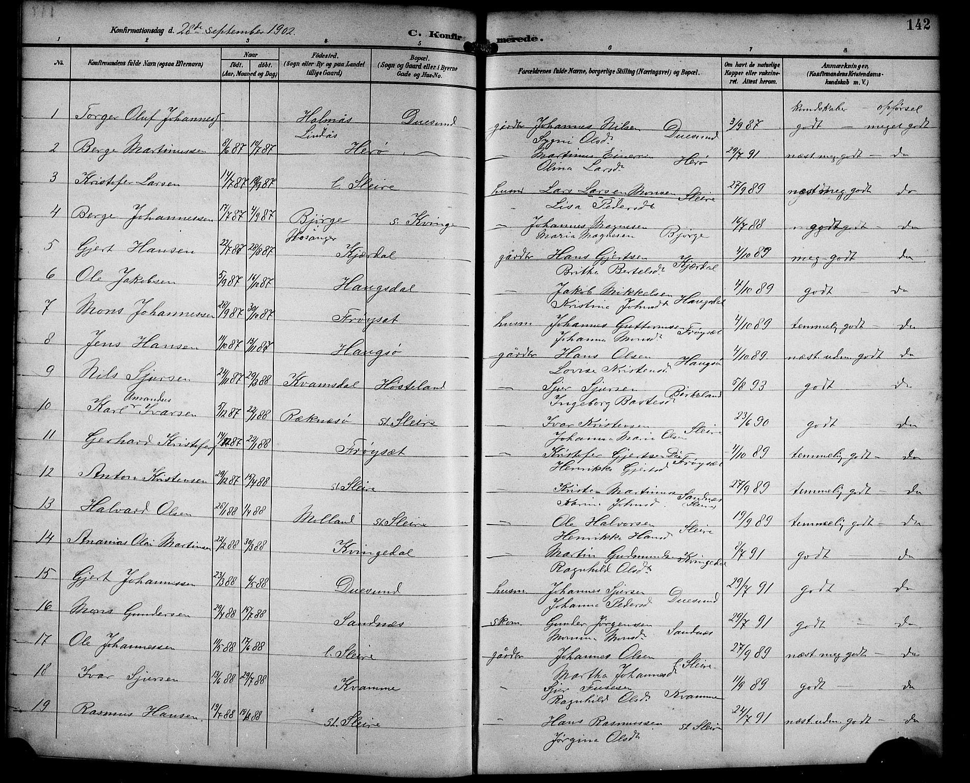 Masfjorden Sokneprestembete, SAB/A-77001: Parish register (copy) no. B 1, 1892-1913, p. 142