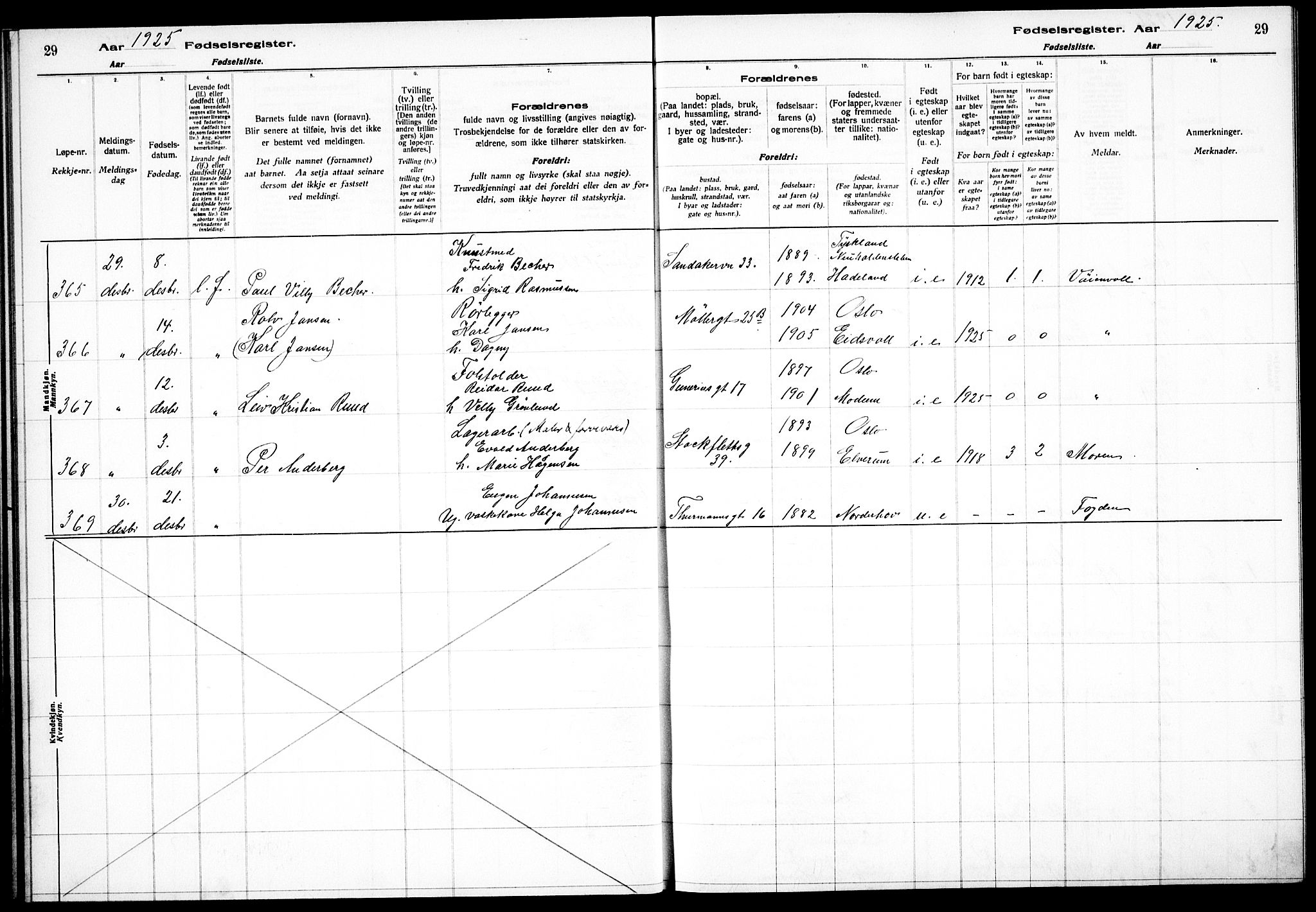 Sagene prestekontor Kirkebøker, SAO/A-10796/J/L0004: Birth register no. 4, 1925-1928, p. 29