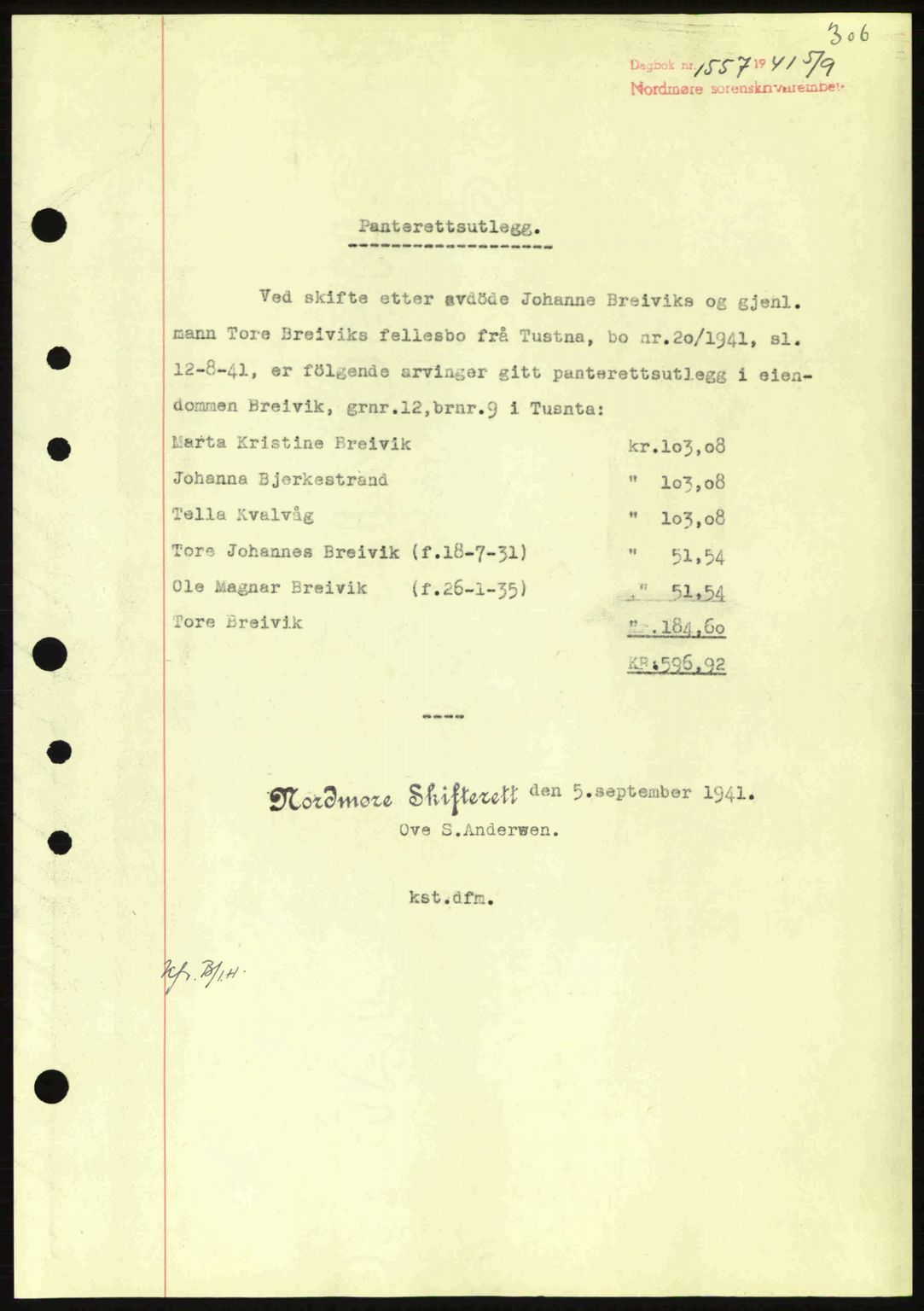 Nordmøre sorenskriveri, SAT/A-4132/1/2/2Ca: Mortgage book no. B88, 1941-1942, Diary no: : 1557/1941
