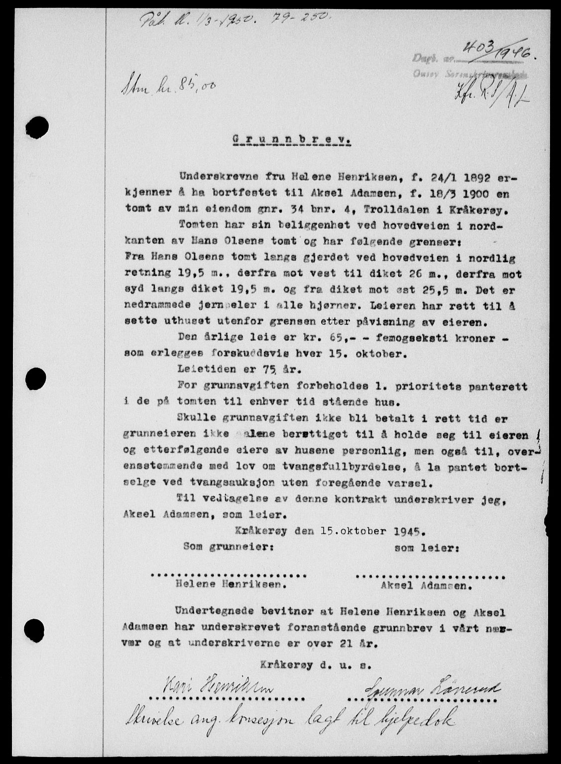Onsøy sorenskriveri, SAO/A-10474/G/Ga/Gab/L0015: Mortgage book no. II A-15, 1945-1946, Diary no: : 403/1946