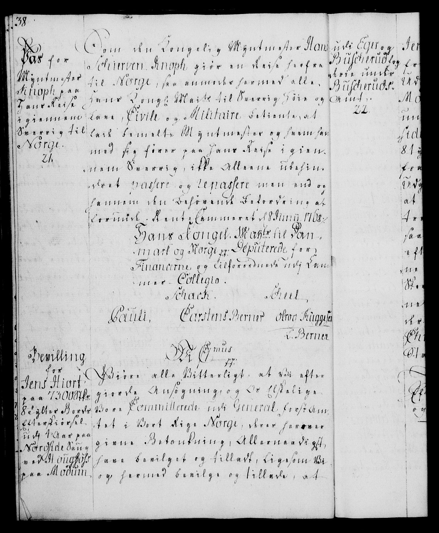 Rentekammeret, Kammerkanselliet, AV/RA-EA-3111/G/Gg/Gga/L0008: Norsk ekspedisjonsprotokoll med register (merket RK 53.8), 1768-1771, p. 38