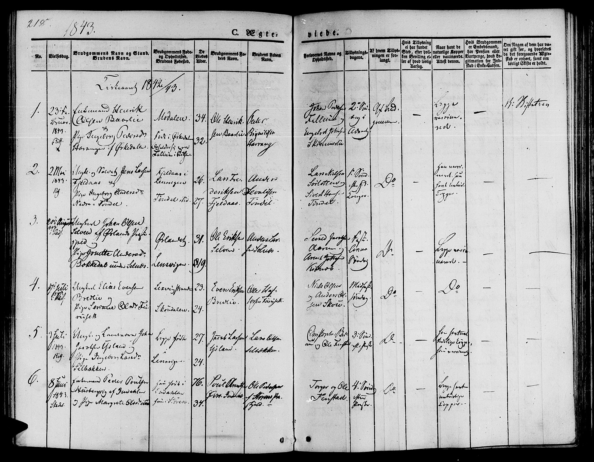 Ministerialprotokoller, klokkerbøker og fødselsregistre - Sør-Trøndelag, SAT/A-1456/646/L0610: Parish register (official) no. 646A08, 1837-1847, p. 218