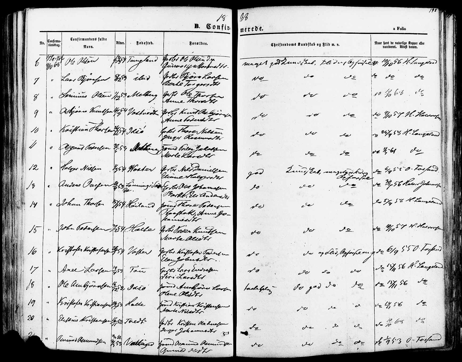 Strand sokneprestkontor, SAST/A-101828/H/Ha/Haa/L0007: Parish register (official) no. A 7, 1855-1881, p. 198