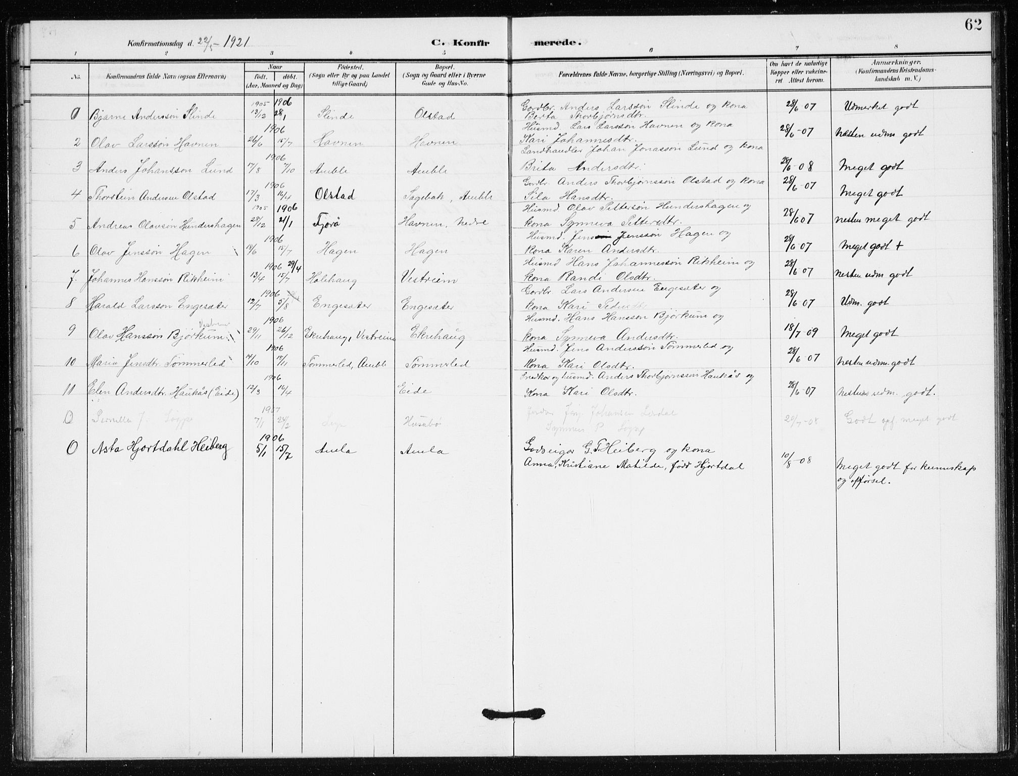 Sogndal sokneprestembete, AV/SAB-A-81301/H/Hab/Habb/L0002: Parish register (copy) no. B 2, 1908-1933, p. 62
