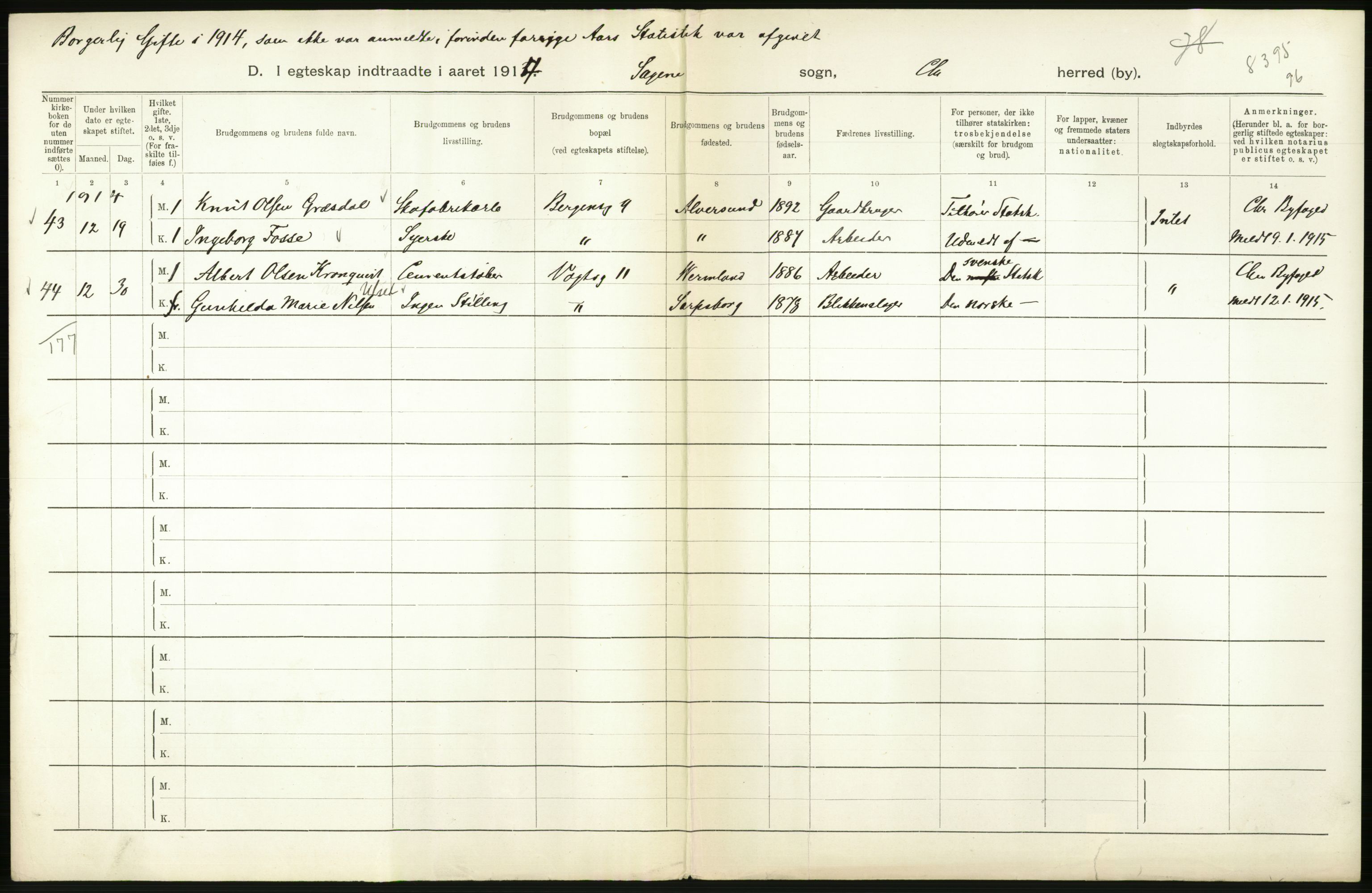 Statistisk sentralbyrå, Sosiodemografiske emner, Befolkning, AV/RA-S-2228/D/Df/Dfb/Dfbd/L0007: Kristiania: Gifte, 1914, p. 166