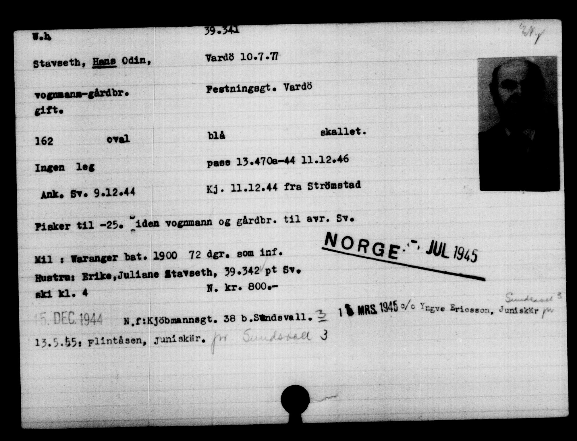 Utenriksstasjonene, Legasjonen i Stockholm, Flyktningkontoret, AV/RA-S-6753/V/Va/L0015: Kjesäterkartoteket, flyktninger med registreringsnr. 37800-40770, 1940-1945, p. 1583