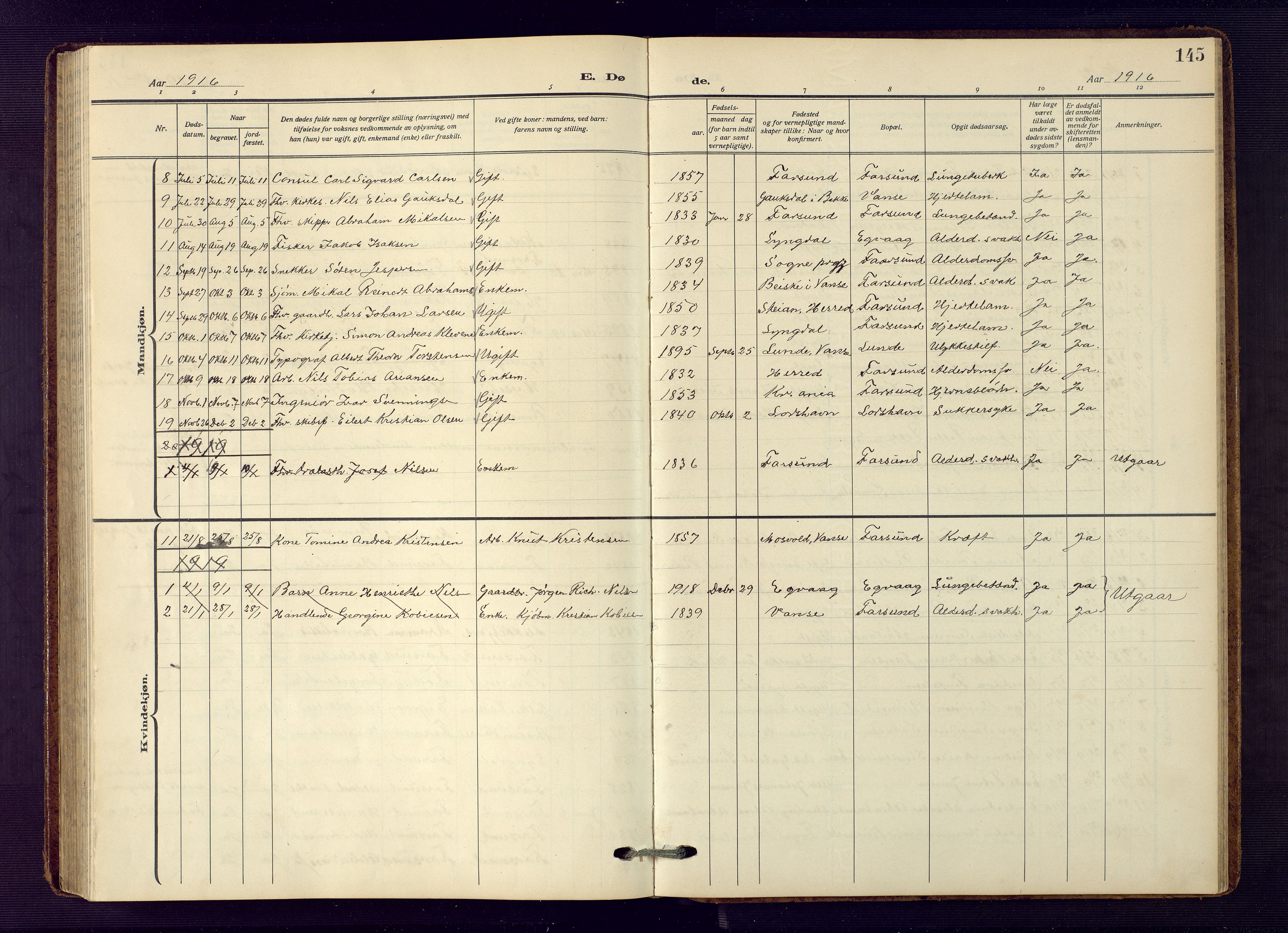 Farsund sokneprestkontor, AV/SAK-1111-0009/F/Fb/L0002: Parish register (copy) no. B 2, 1914-1958, p. 145