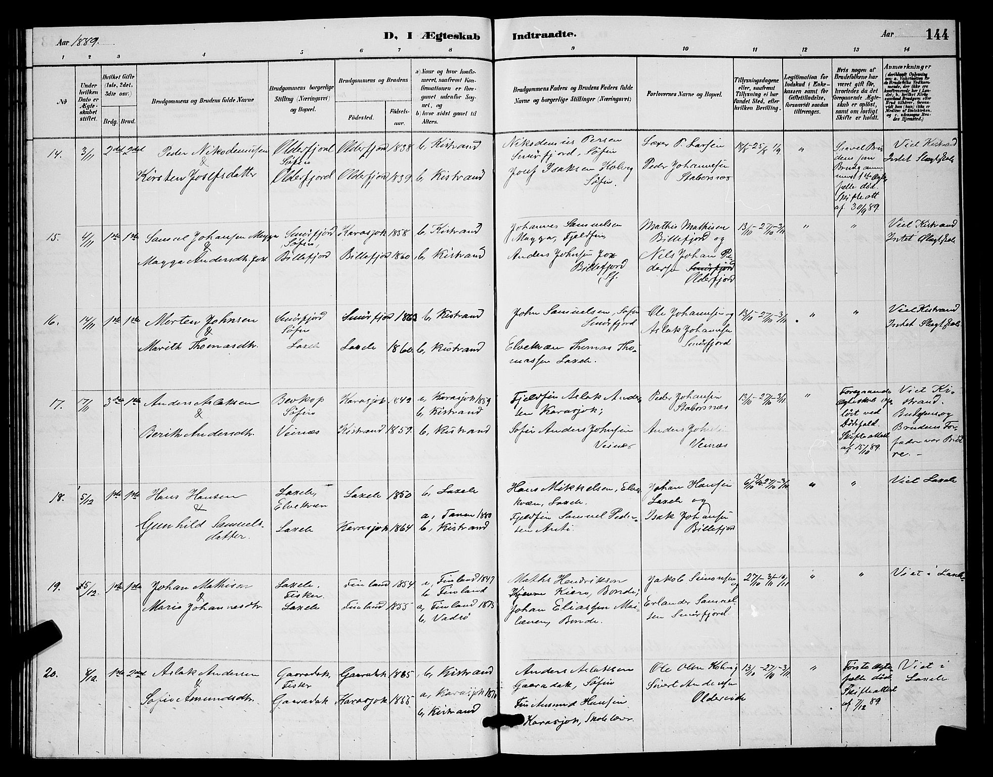 Kistrand/Porsanger sokneprestembete, AV/SATØ-S-1351/H/Hb/L0004.klokk: Parish register (copy) no. 4, 1885-1894, p. 144