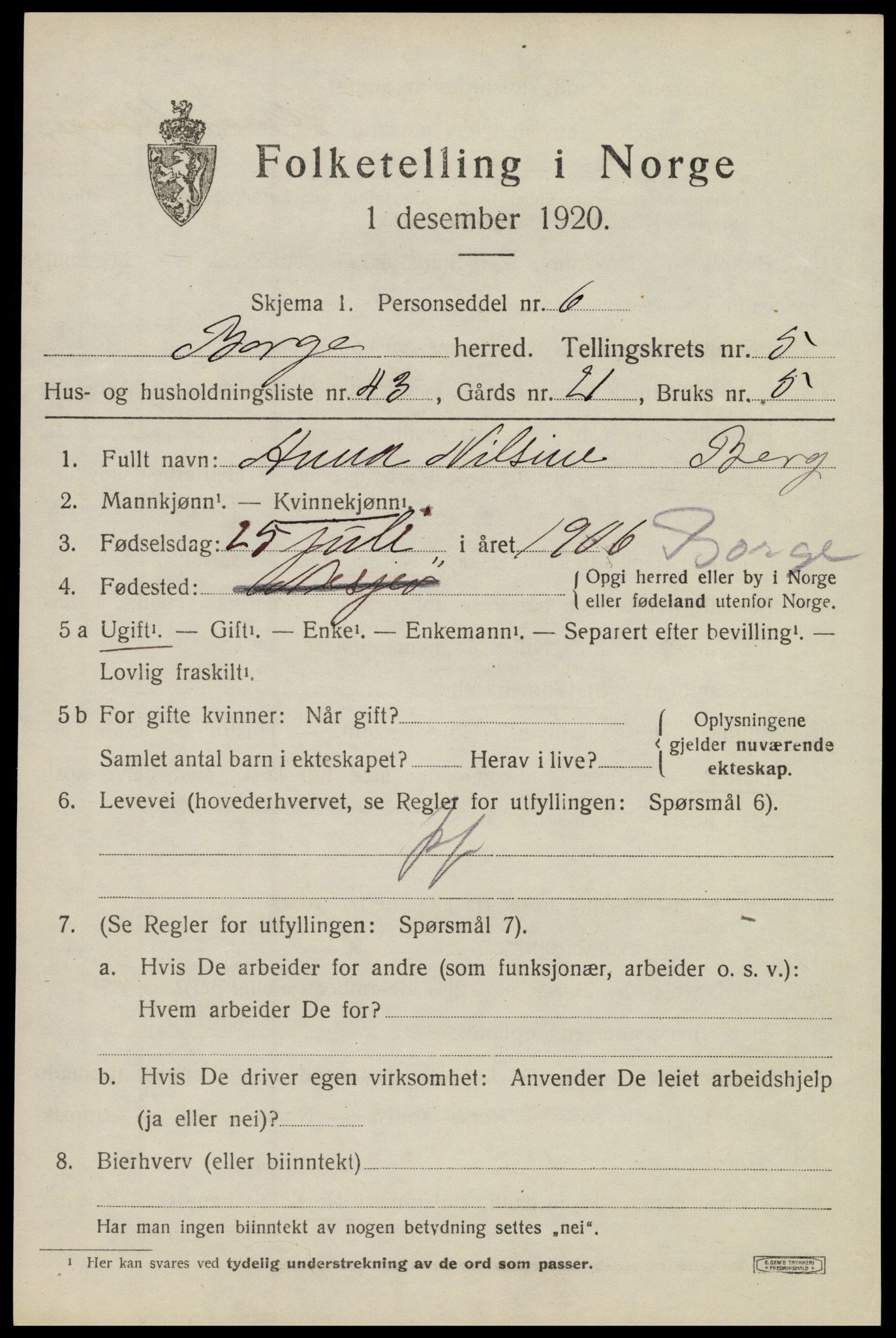 SAT, 1920 census for Borge, 1920, p. 5613