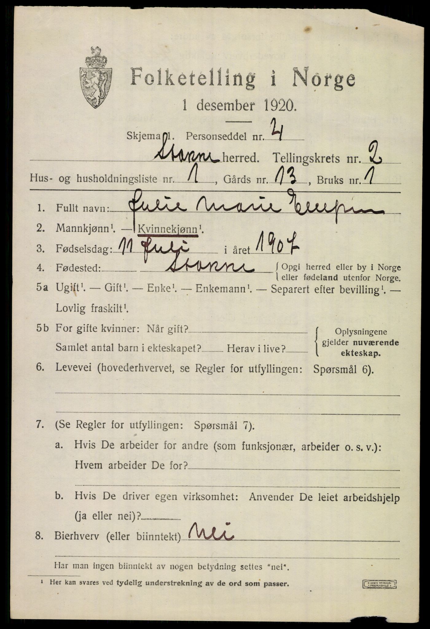 SAKO, 1920 census for Stokke, 1920, p. 2962