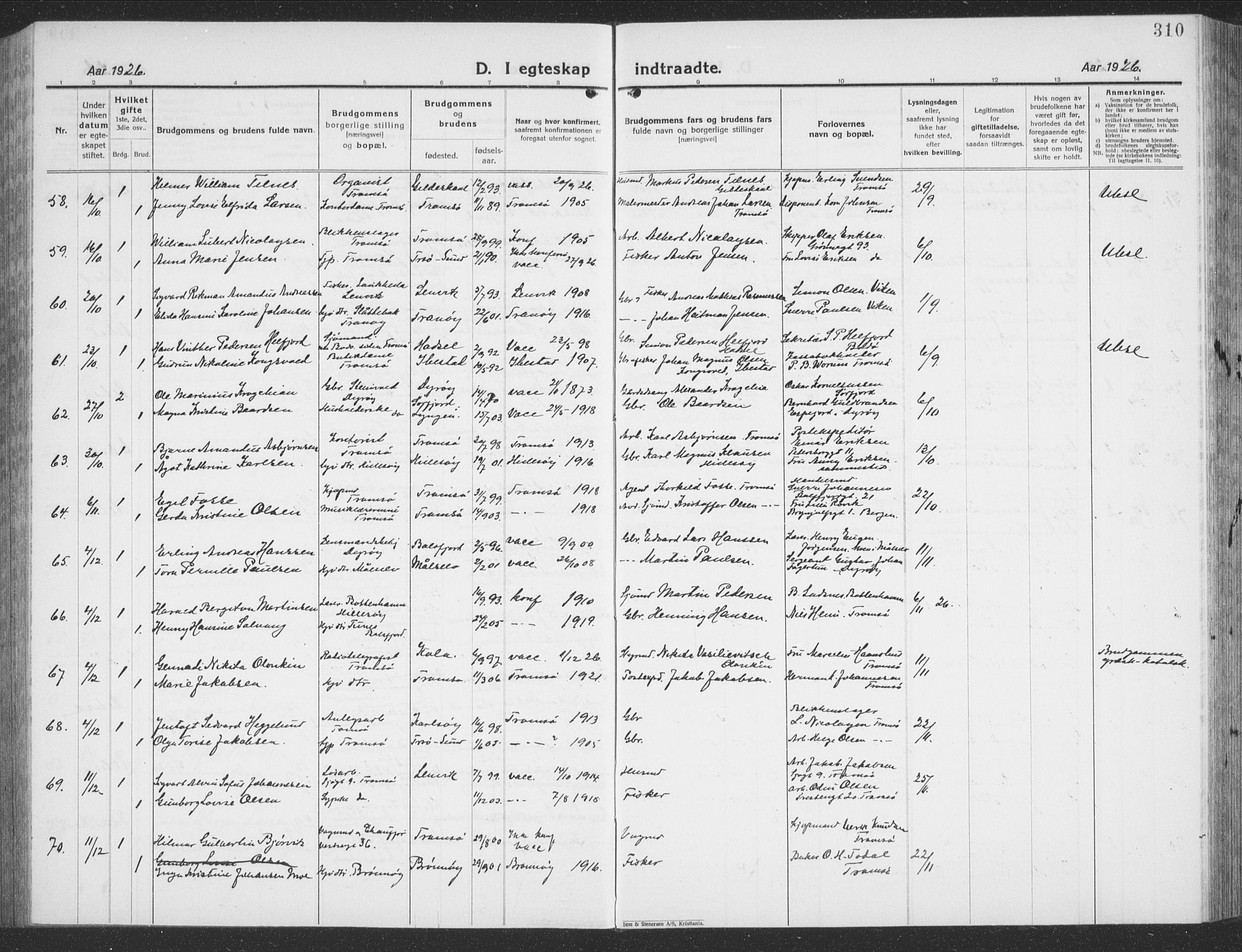 Tromsø sokneprestkontor/stiftsprosti/domprosti, SATØ/S-1343/G/Gb/L0010klokker: Parish register (copy) no. 10, 1925-1937, p. 310