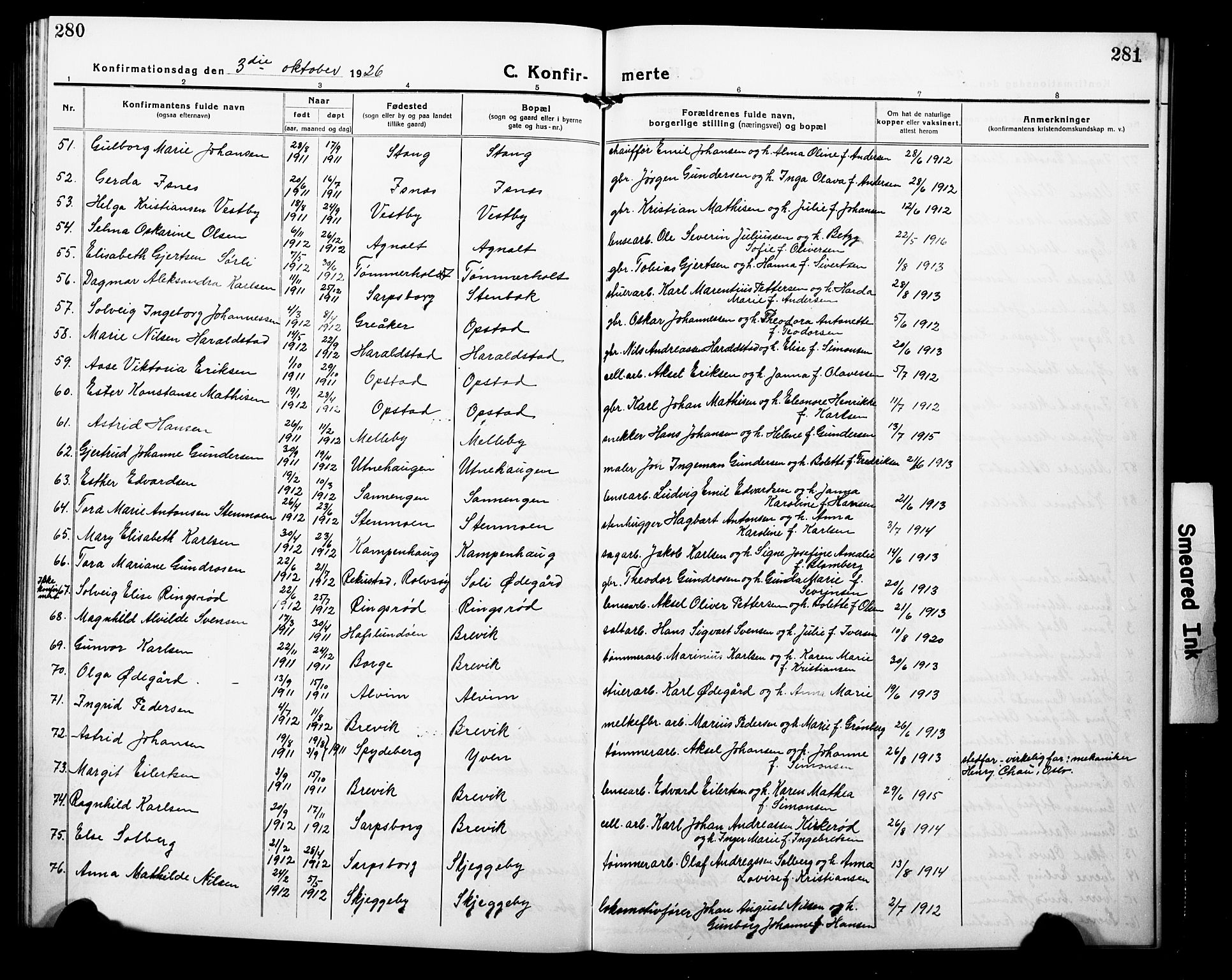 Tune prestekontor Kirkebøker, AV/SAO-A-2007/G/Ga/L0004: Parish register (copy) no. I 4, 1919-1928, p. 280-281