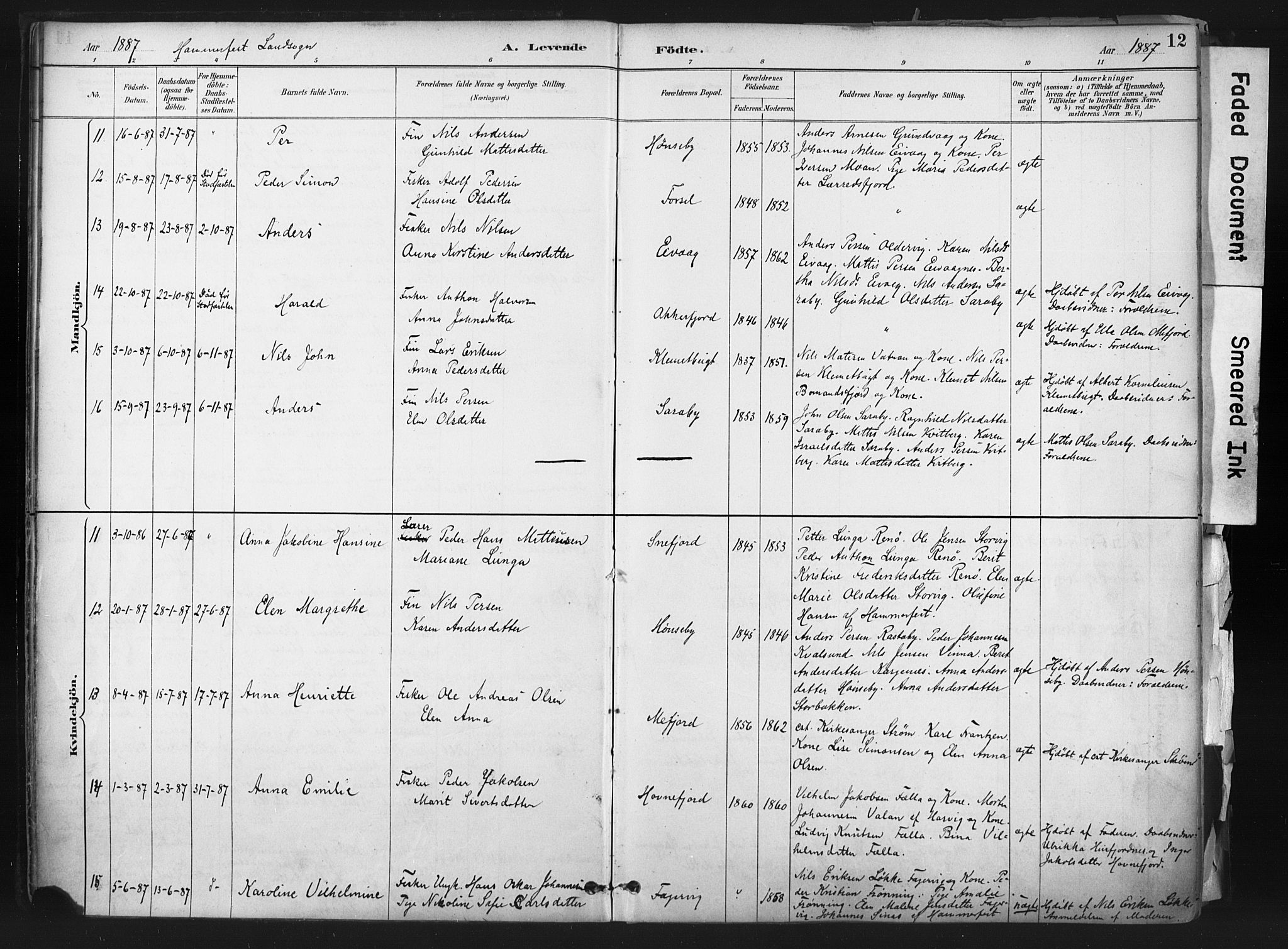 Hammerfest sokneprestkontor, AV/SATØ-S-1347/H/Ha/L0011.kirke: Parish register (official) no. 11 /1, 1885-1897, p. 12