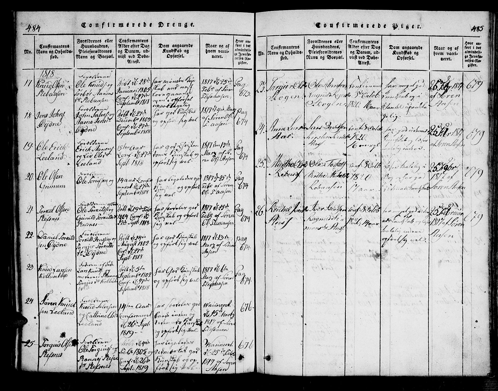 Bjelland sokneprestkontor, SAK/1111-0005/F/Fa/Fac/L0001: Parish register (official) no. A 1, 1815-1866, p. 484-485