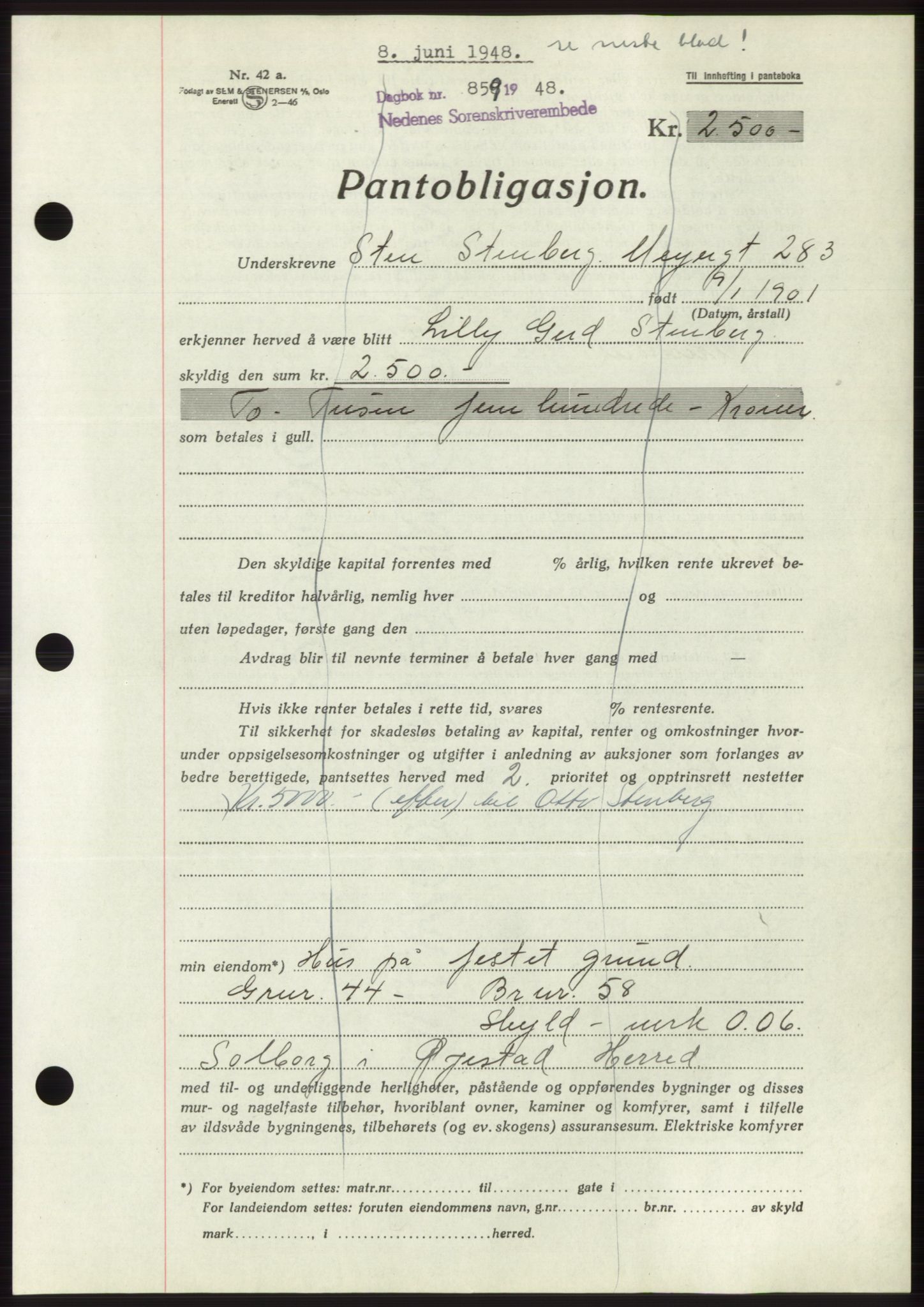 Nedenes sorenskriveri, AV/SAK-1221-0006/G/Gb/Gbb/L0005: Mortgage book no. B5, 1948-1948, Diary no: : 859/1948