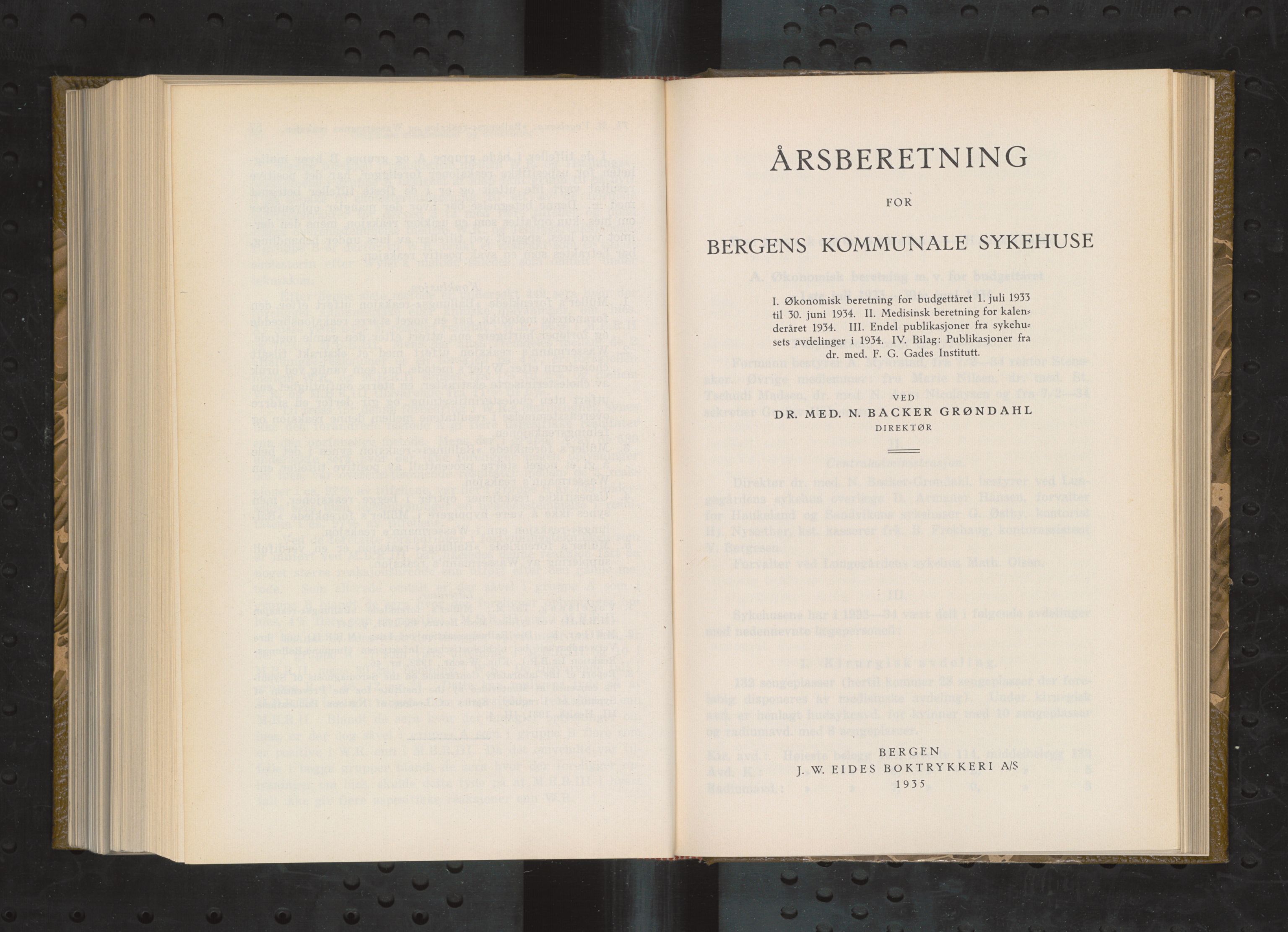 Haukeland Sykehus, Direktøren, BBA/A-2050.04/Æa/L0005: Årsberetninger 1933-1937, 1933-1937, p. 1