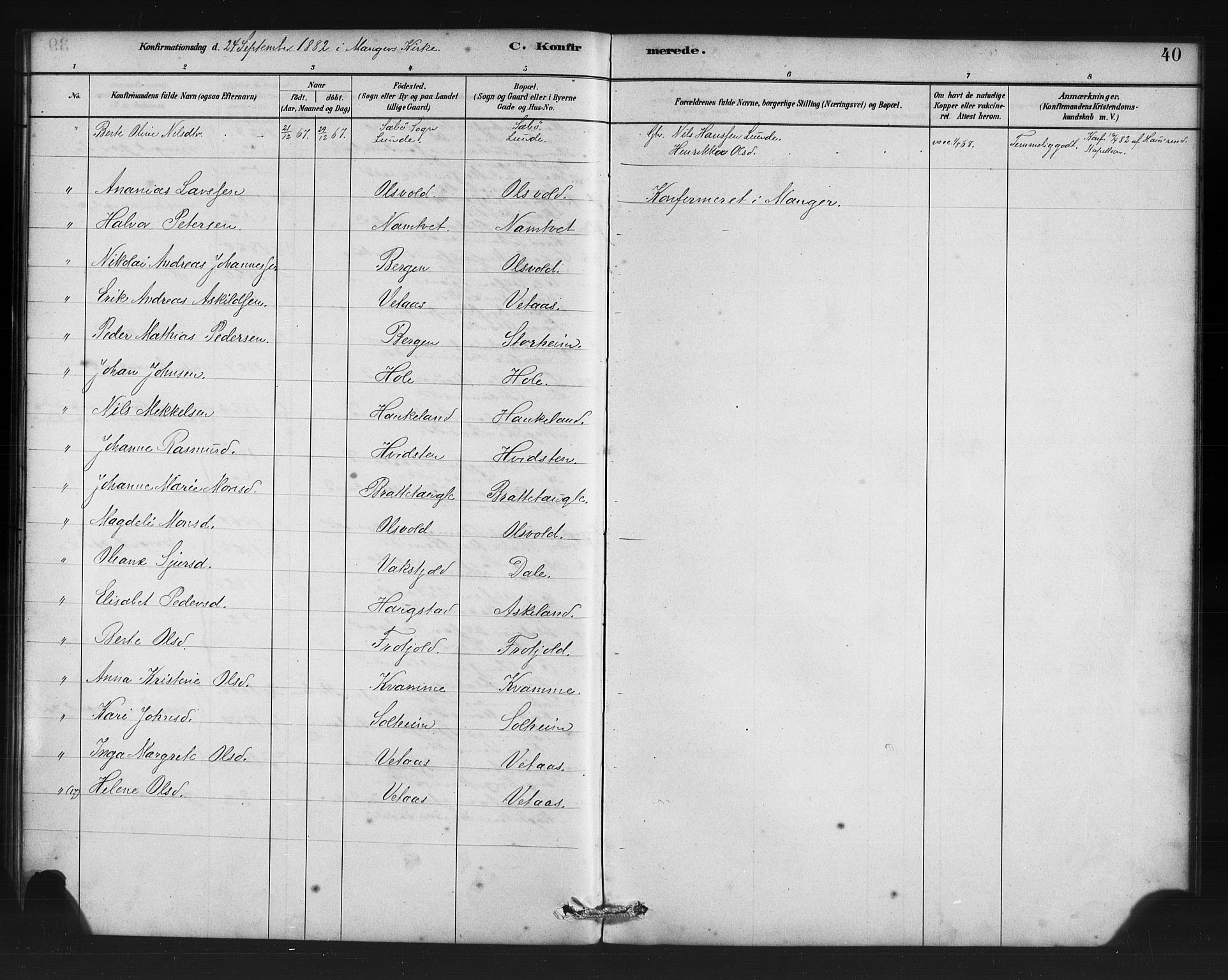 Manger sokneprestembete, AV/SAB-A-76801/H/Haa: Parish register (official) no. D 1, 1881-1892, p. 40