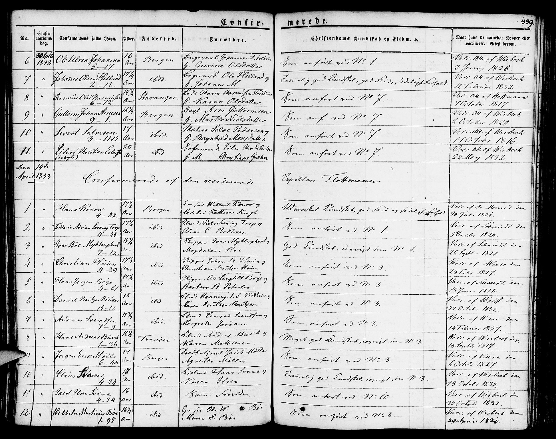 Nykirken Sokneprestembete, SAB/A-77101/H/Haa/L0012: Parish register (official) no. A 12, 1821-1844, p. 339