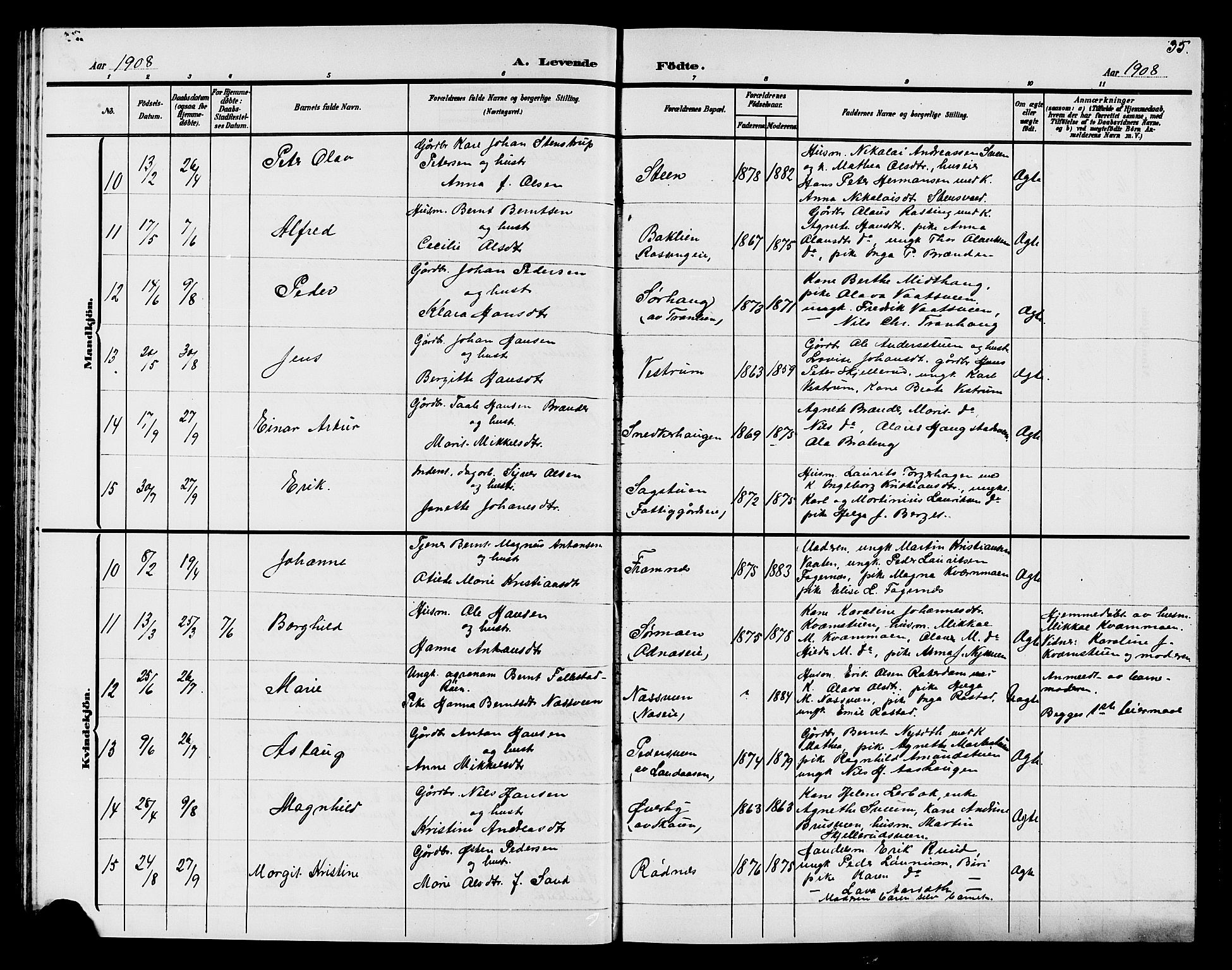 Søndre Land prestekontor, AV/SAH-PREST-122/L/L0005: Parish register (copy) no. 5, 1902-1911, p. 35