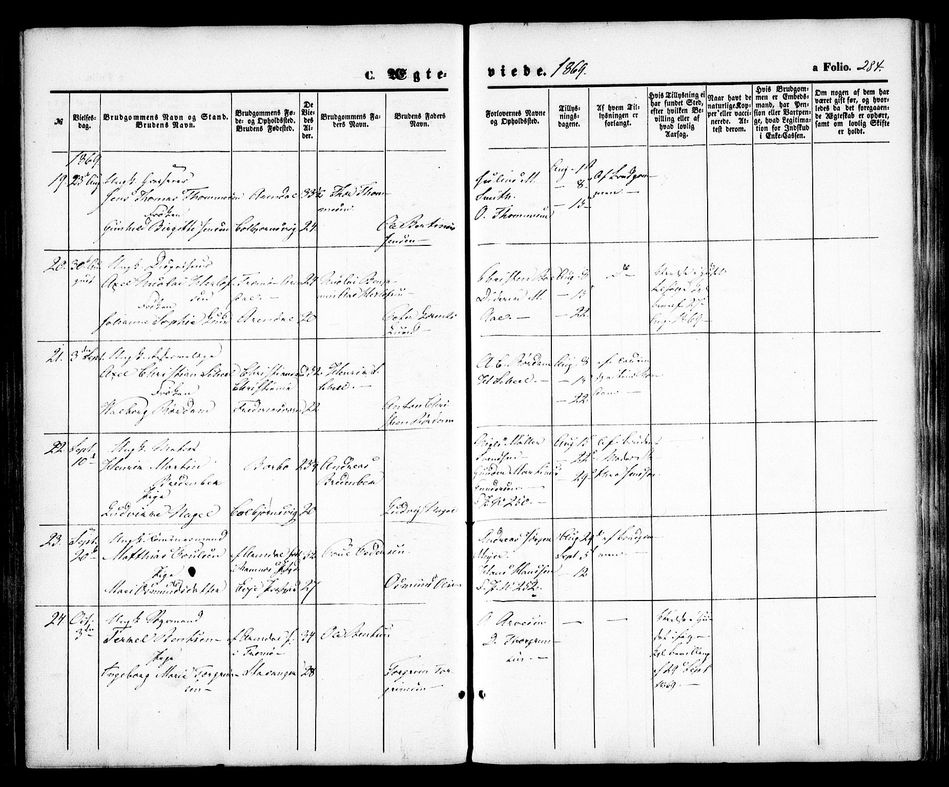 Arendal sokneprestkontor, Trefoldighet, AV/SAK-1111-0040/F/Fa/L0007: Parish register (official) no. A 7, 1868-1878, p. 284