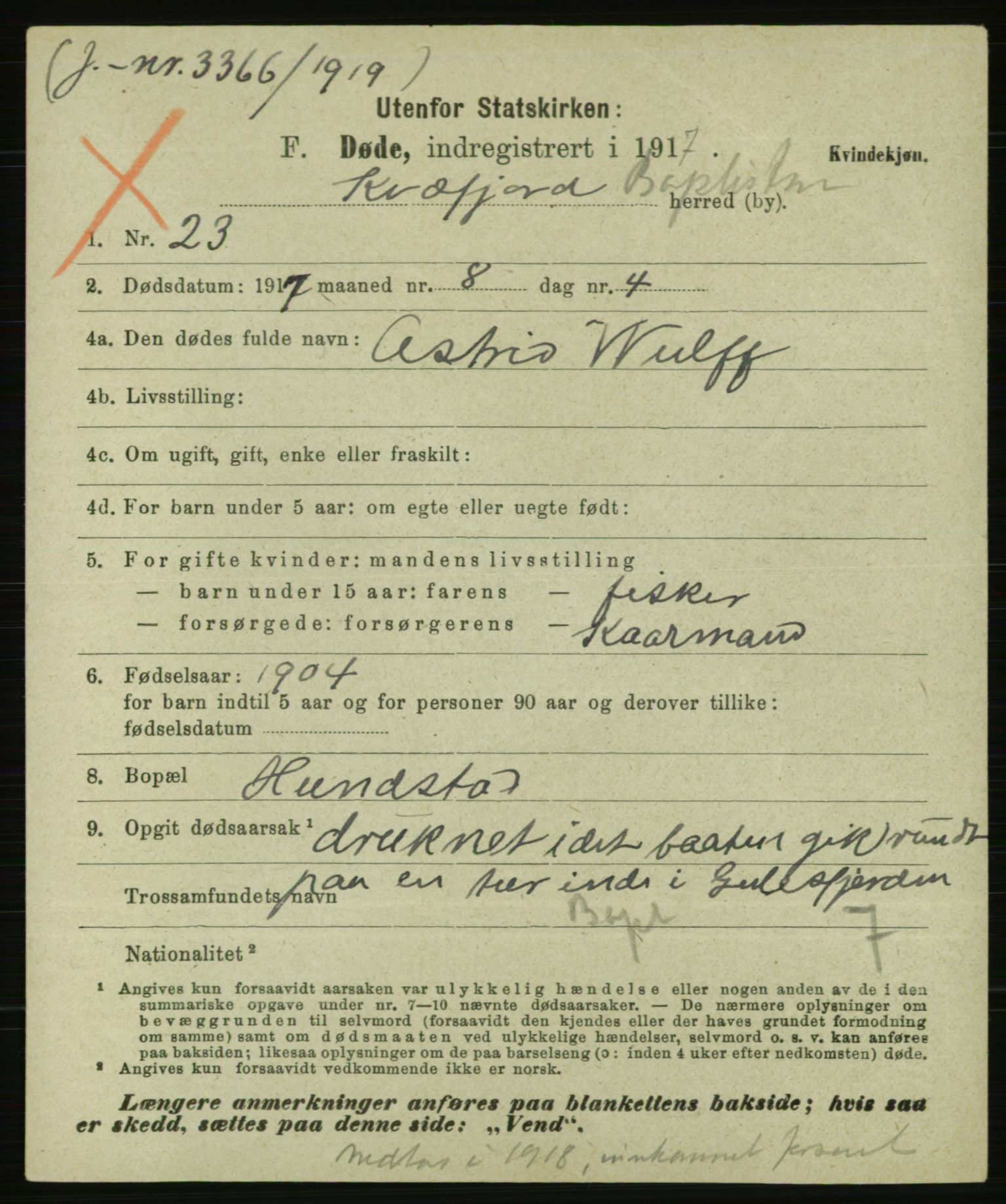 Statistisk sentralbyrå, Sosiodemografiske emner, Befolkning, AV/RA-S-2228/E/L0015: Fødte, gifte, døde dissentere., 1917, p. 3603