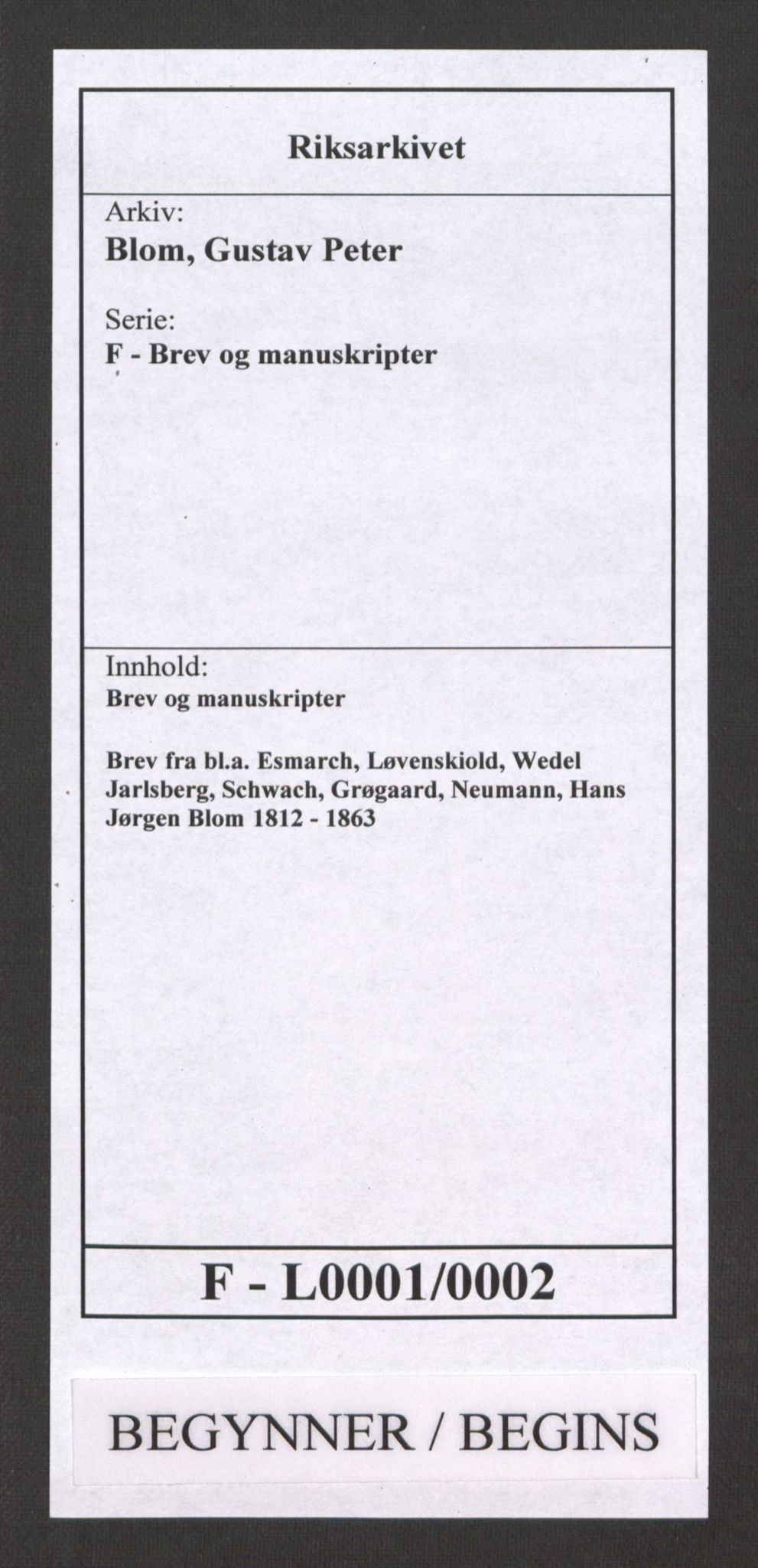 Blom, Gustav Peter, RA/PA-0568/F/L0001/0002: Brev og manuskripter / Brev fra bl.a. Esmarch, Løvenskiold, Wedel Jarlsberg, Schwach, Grøgaard, Neumann, Hans Jørgen Blom, 1812-1863, p. 1