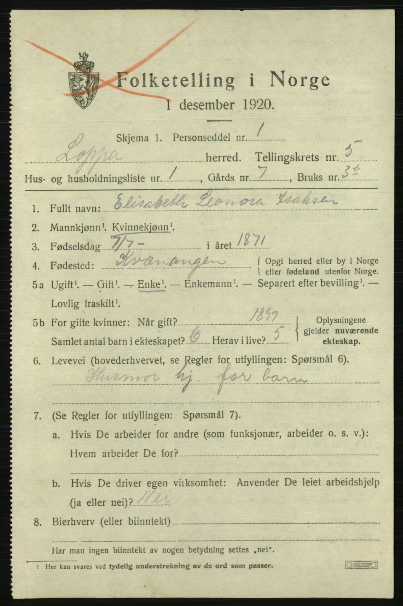 SATØ, 1920 census for Loppa, 1920, p. 1564